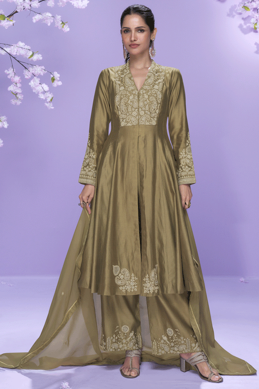 Mehendi Green Readymade Embroidered A-Line Silk Suit-SS766_1_SareeButa.com