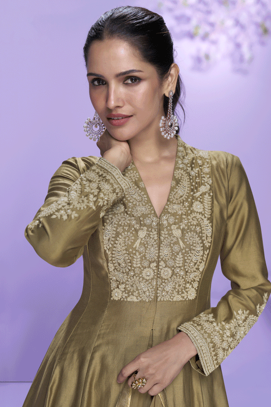 Mehendi Green Readymade Embroidered A-Line Silk Suit-SS766_2_SareeButa.com