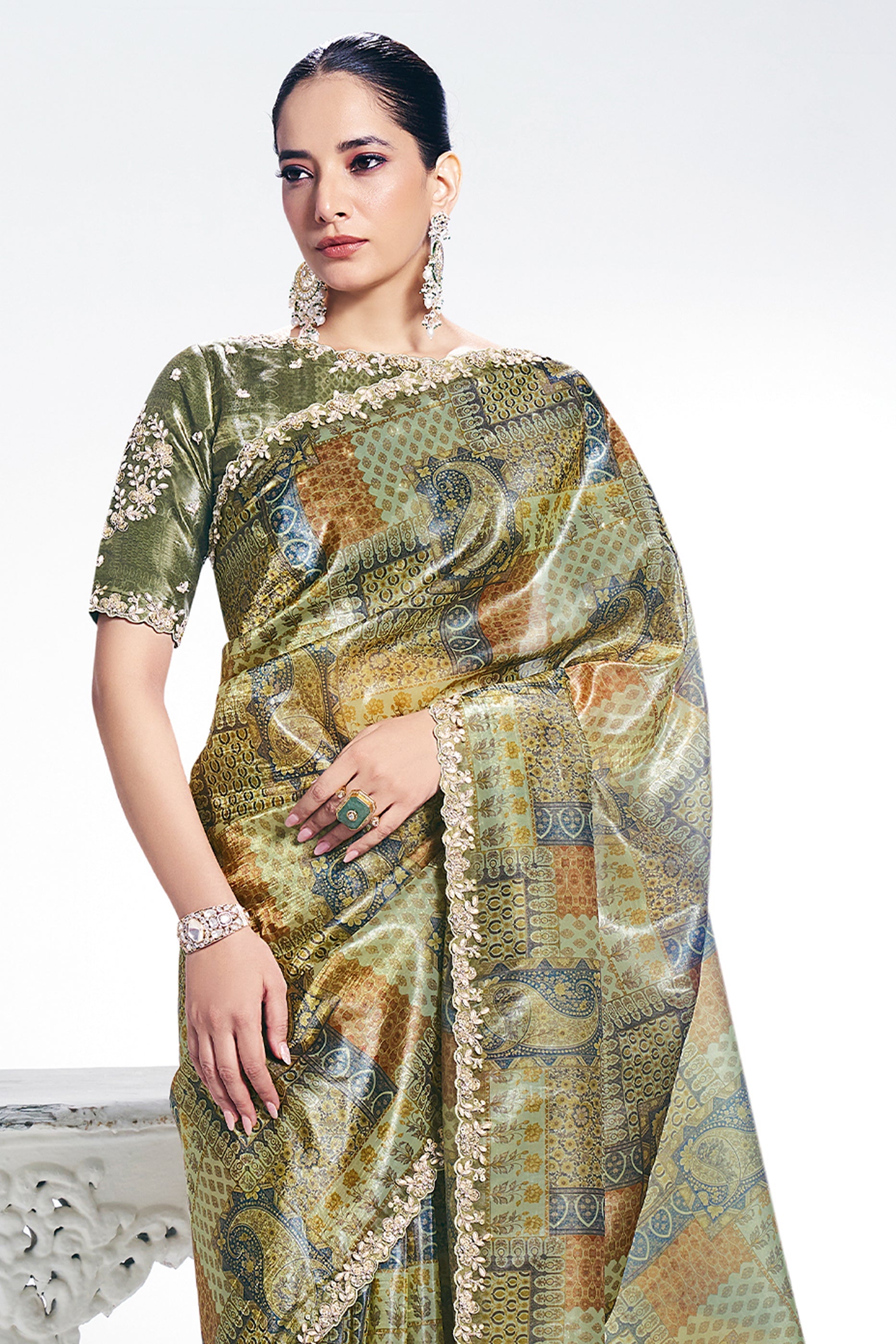 Mehendi Green Digital Printed Paper Silk Saree-SAR10263_3_SareeButa.com