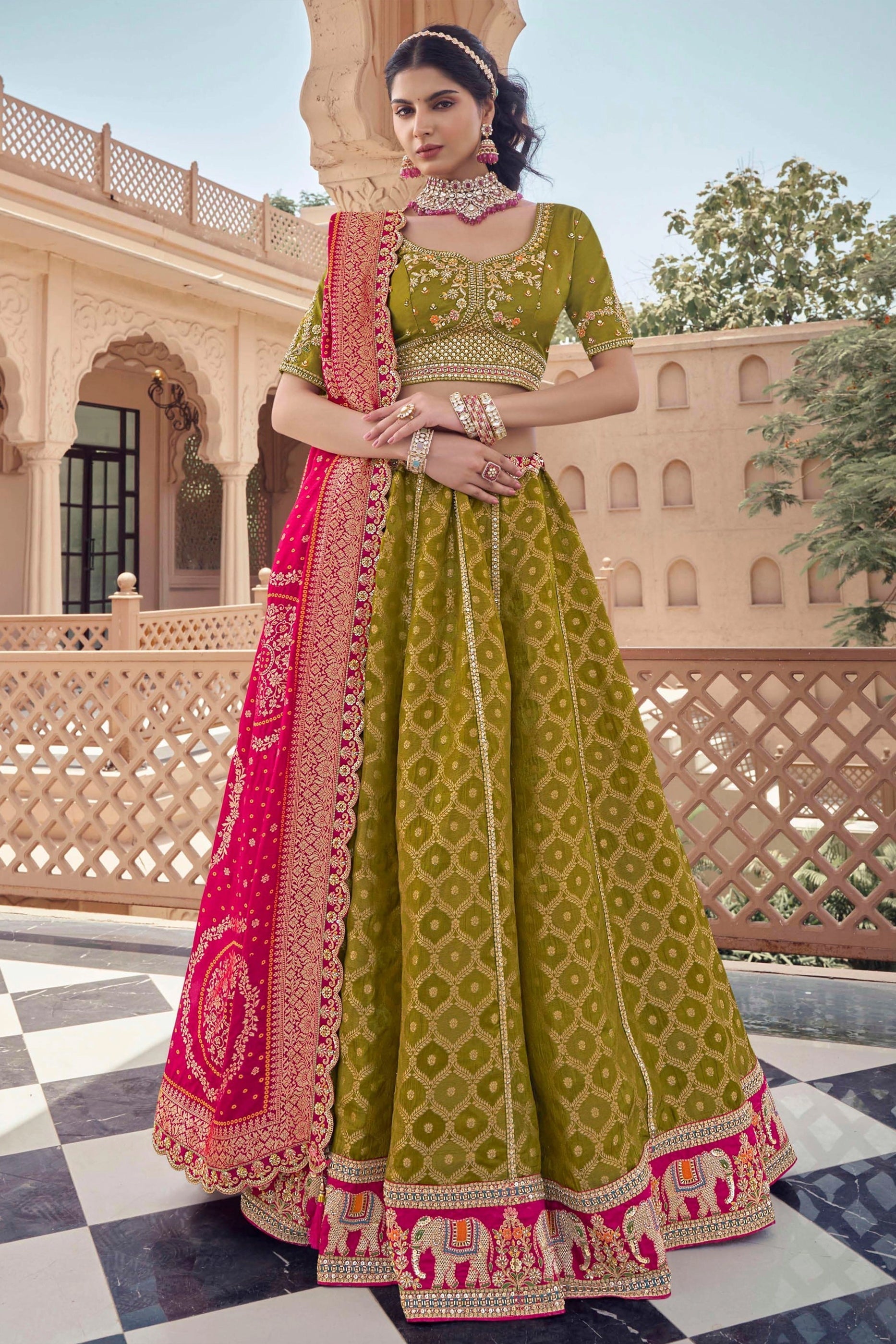 Mehendi Green Embroidered Semi-Stitched Viscose Silk Lehenga-SAR10351_1_SareeButa.com