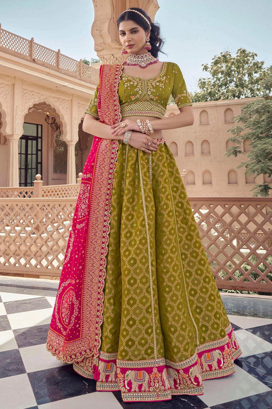 Mehendi Green Embroidered Semi-Stitched Viscose Silk Lehenga-SAR10351_1_SareeButa.com