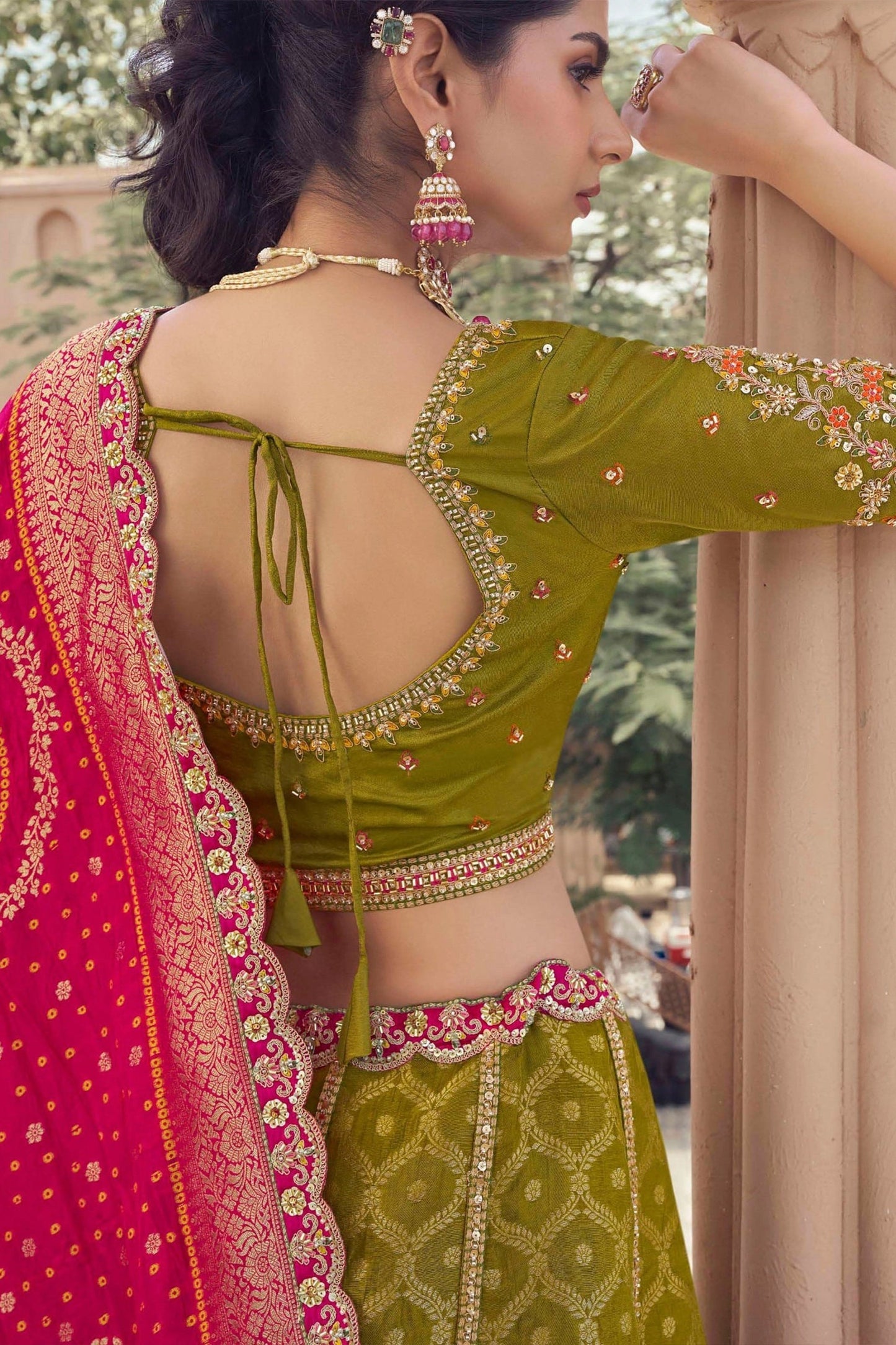 Mehendi Green Embroidered Semi-Stitched Viscose Silk Lehenga-SAR10351_3_SareeButa.com