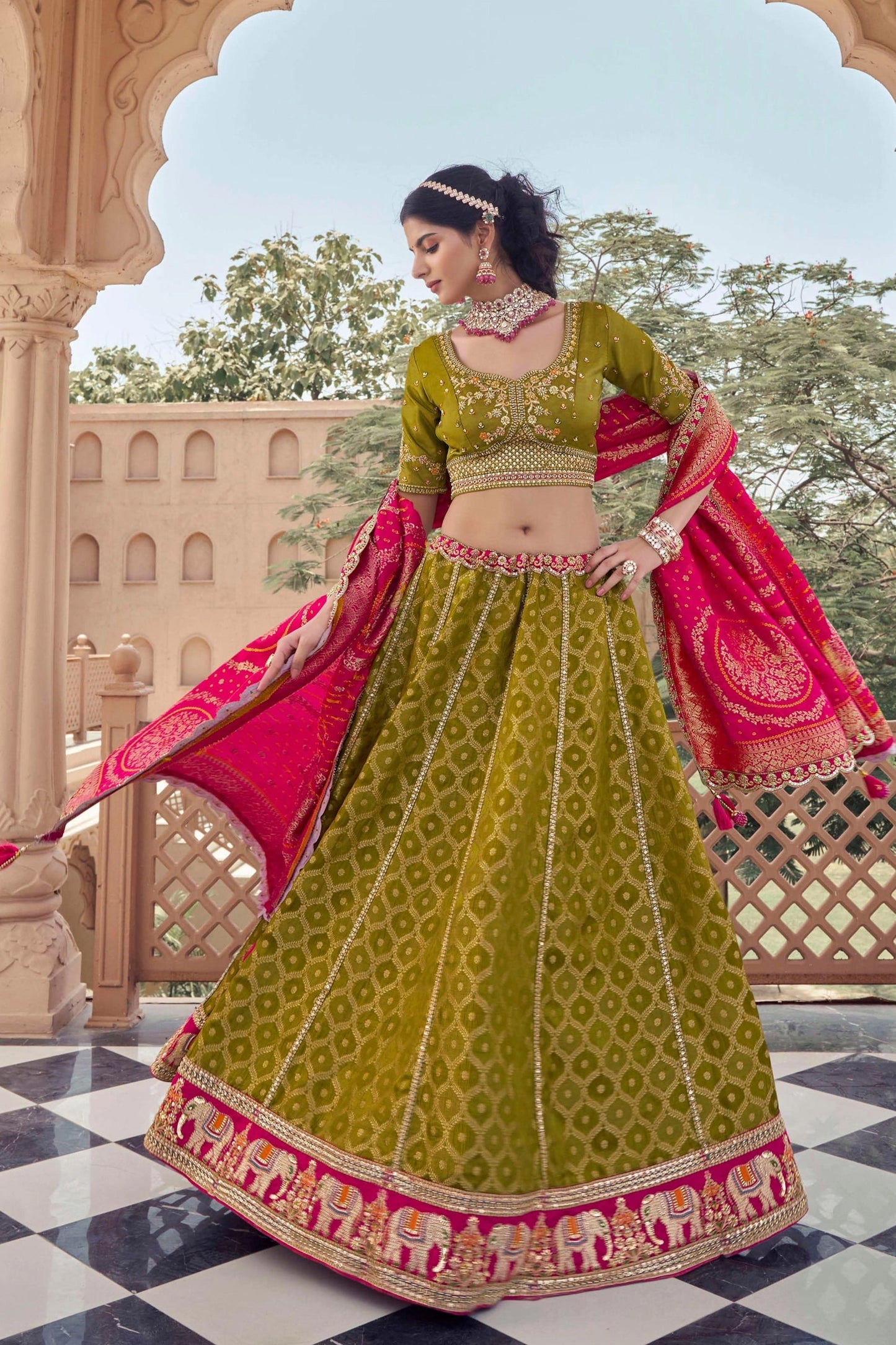 Mehendi Green Embroidered Semi-Stitched Viscose Silk Lehenga-SAR10351_4_SareeButa.com