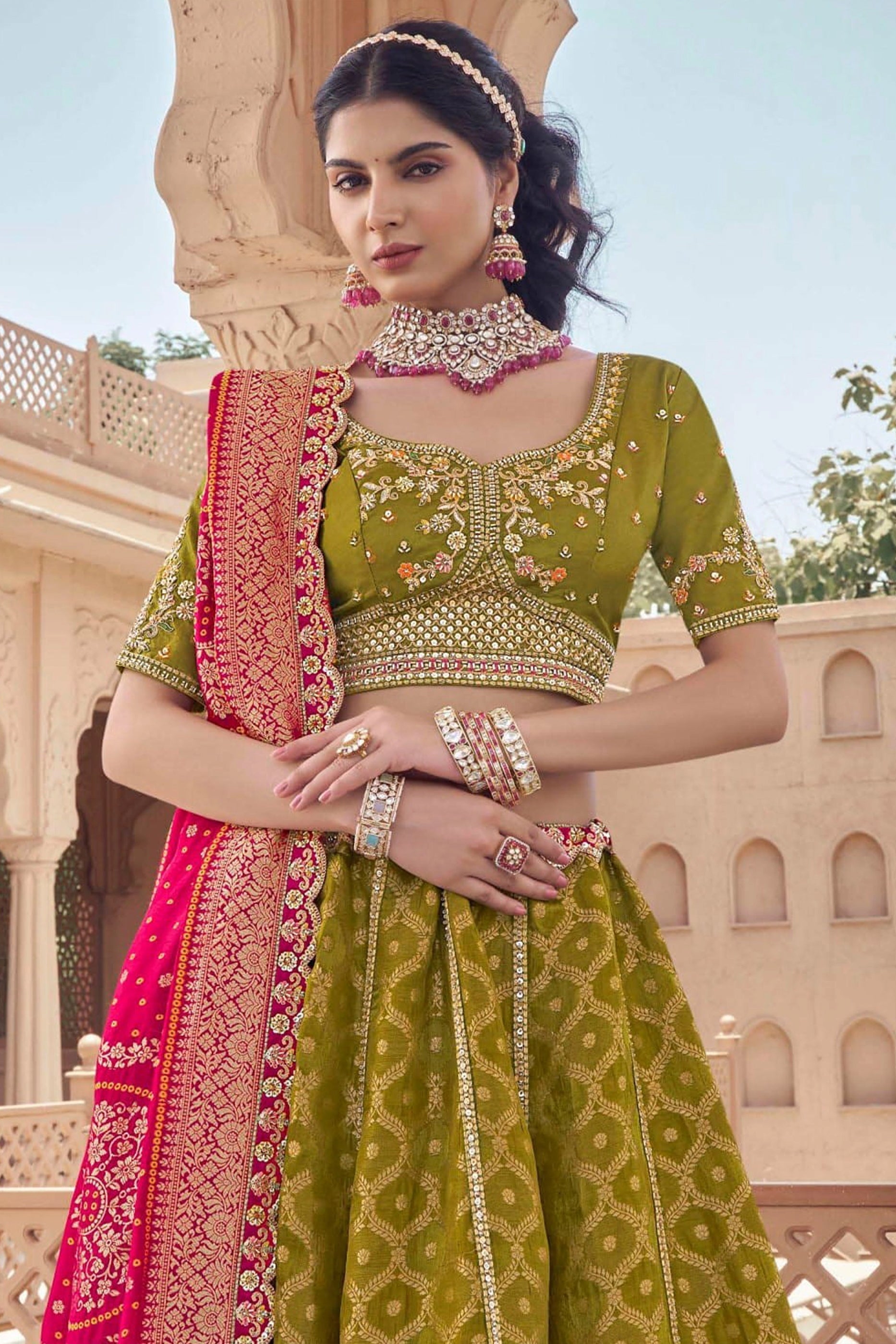 Mehendi Green Embroidered Semi-Stitched Viscose Silk Lehenga-SAR10351_5_SareeButa.com