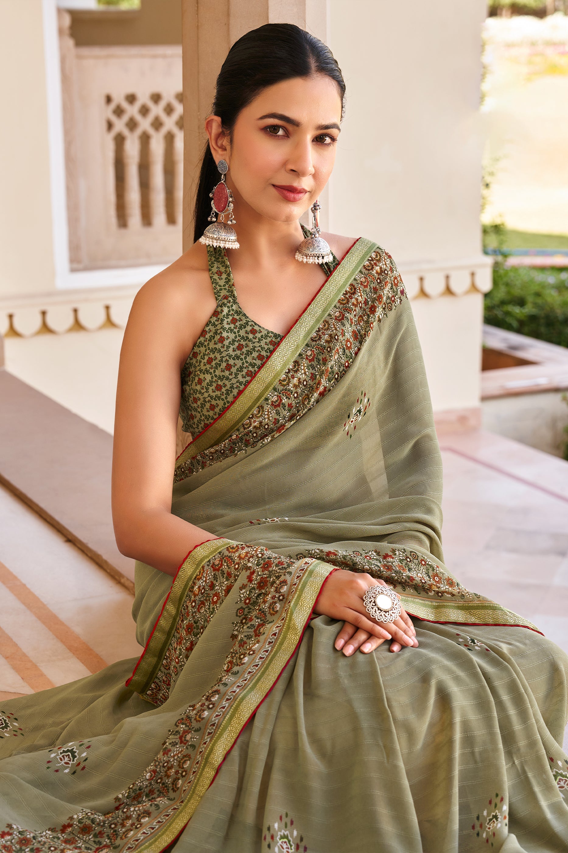 Mehendi Green Printed Georgette Saree-SAR10157_2_SareeButa.com