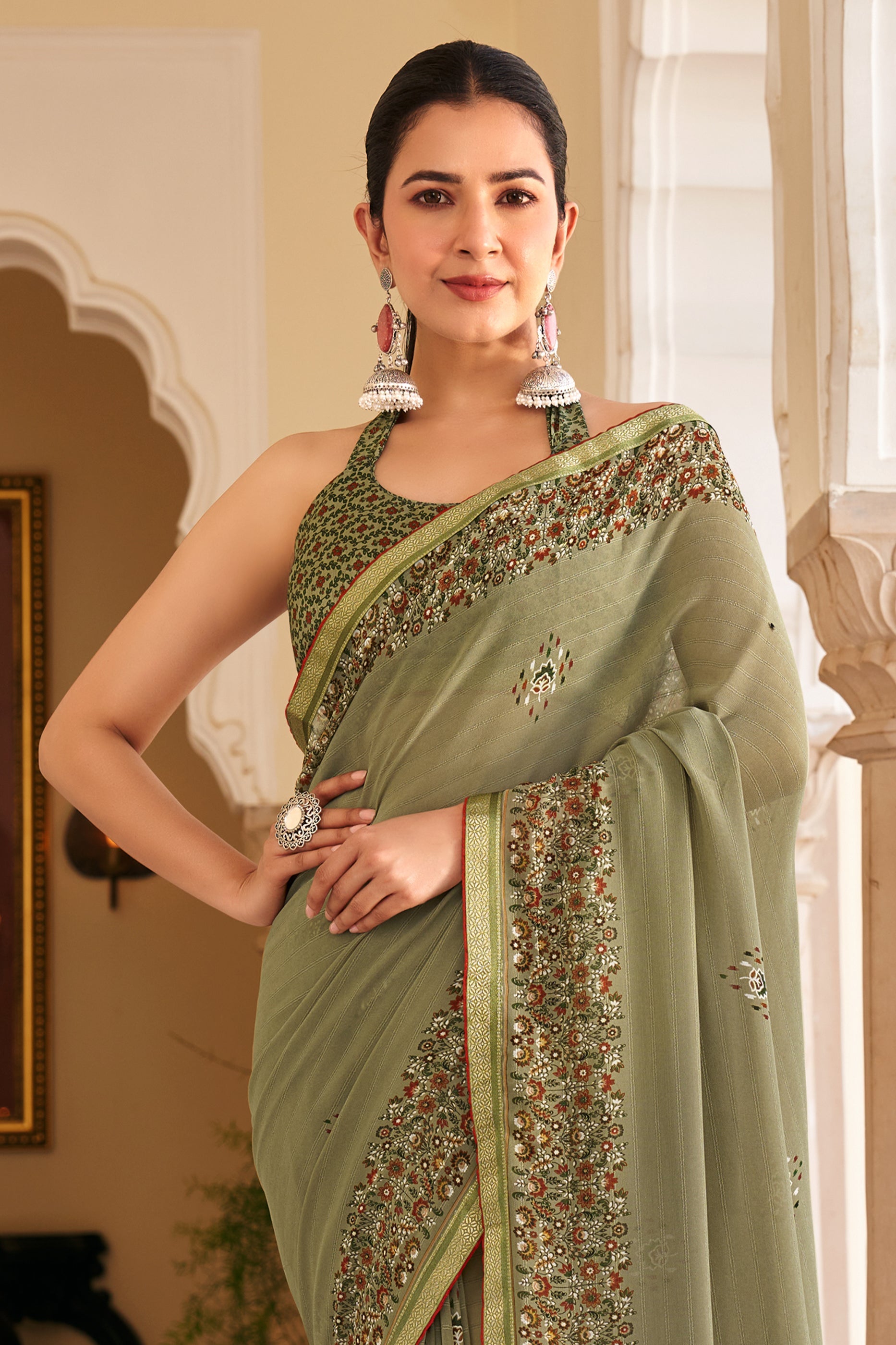 Mehendi Green Printed Georgette Saree-SAR10157_3_SareeButa.com