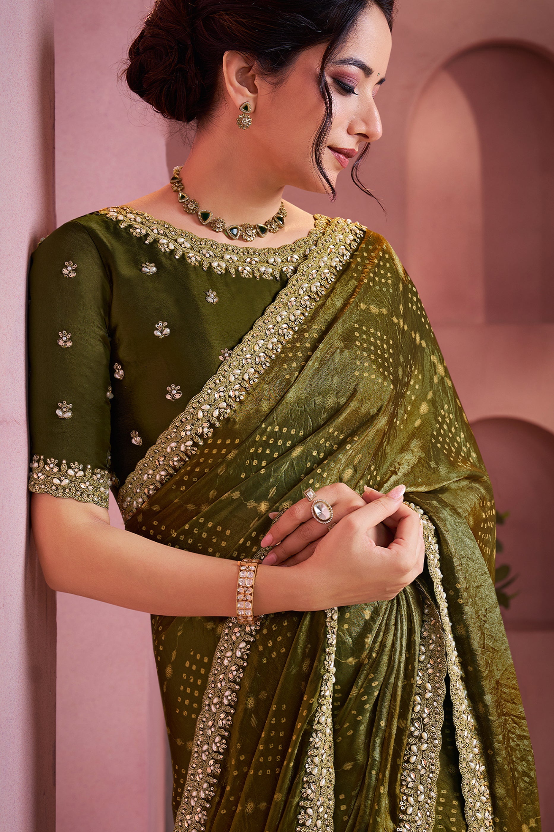 Mehendi Green Satin Silk Bandhani Saree-SAR10888_2_SareeButa.com