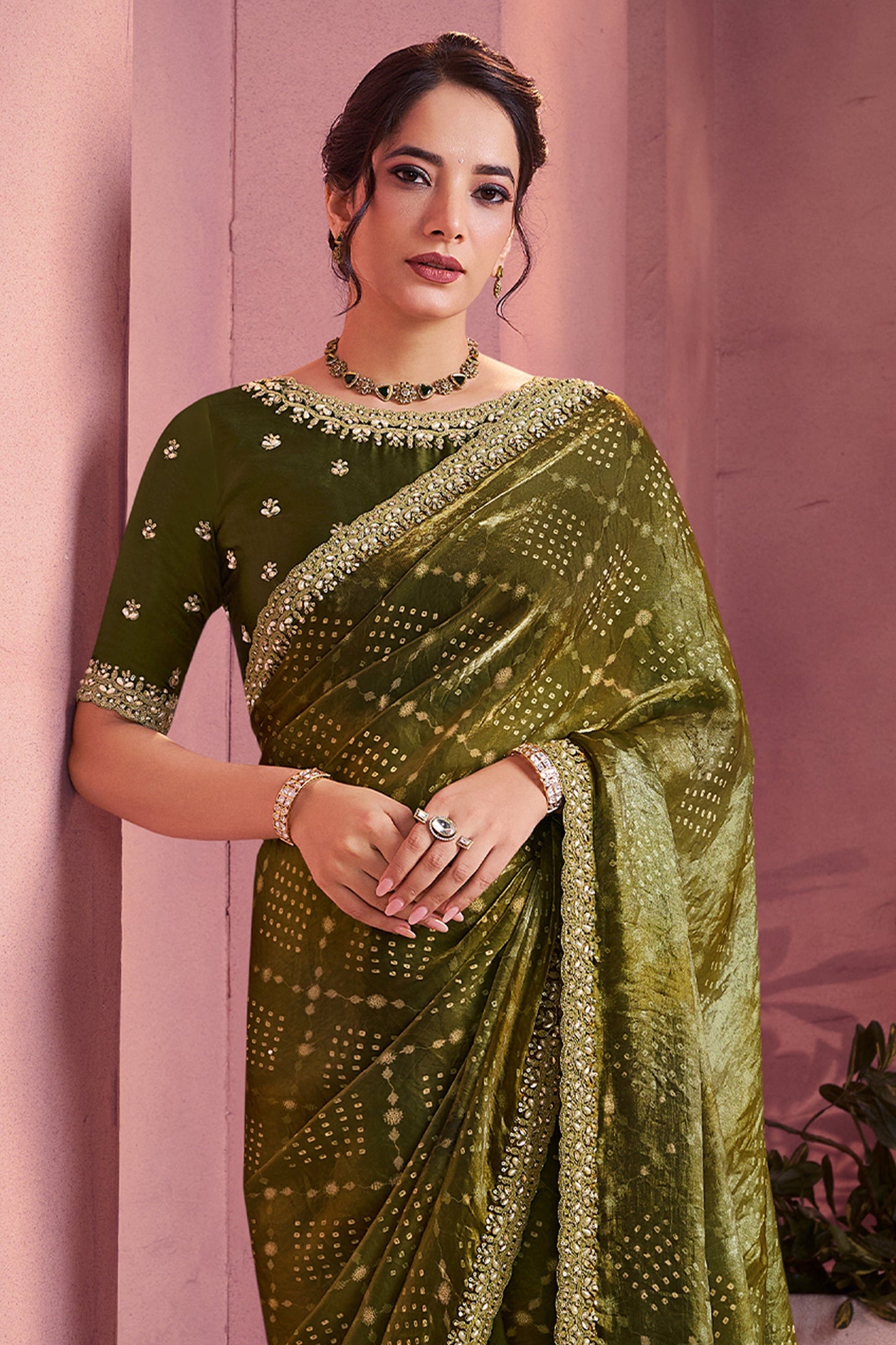 Mehendi Green Satin Silk Bandhani Saree-SAR10888_3_SareeButa.com