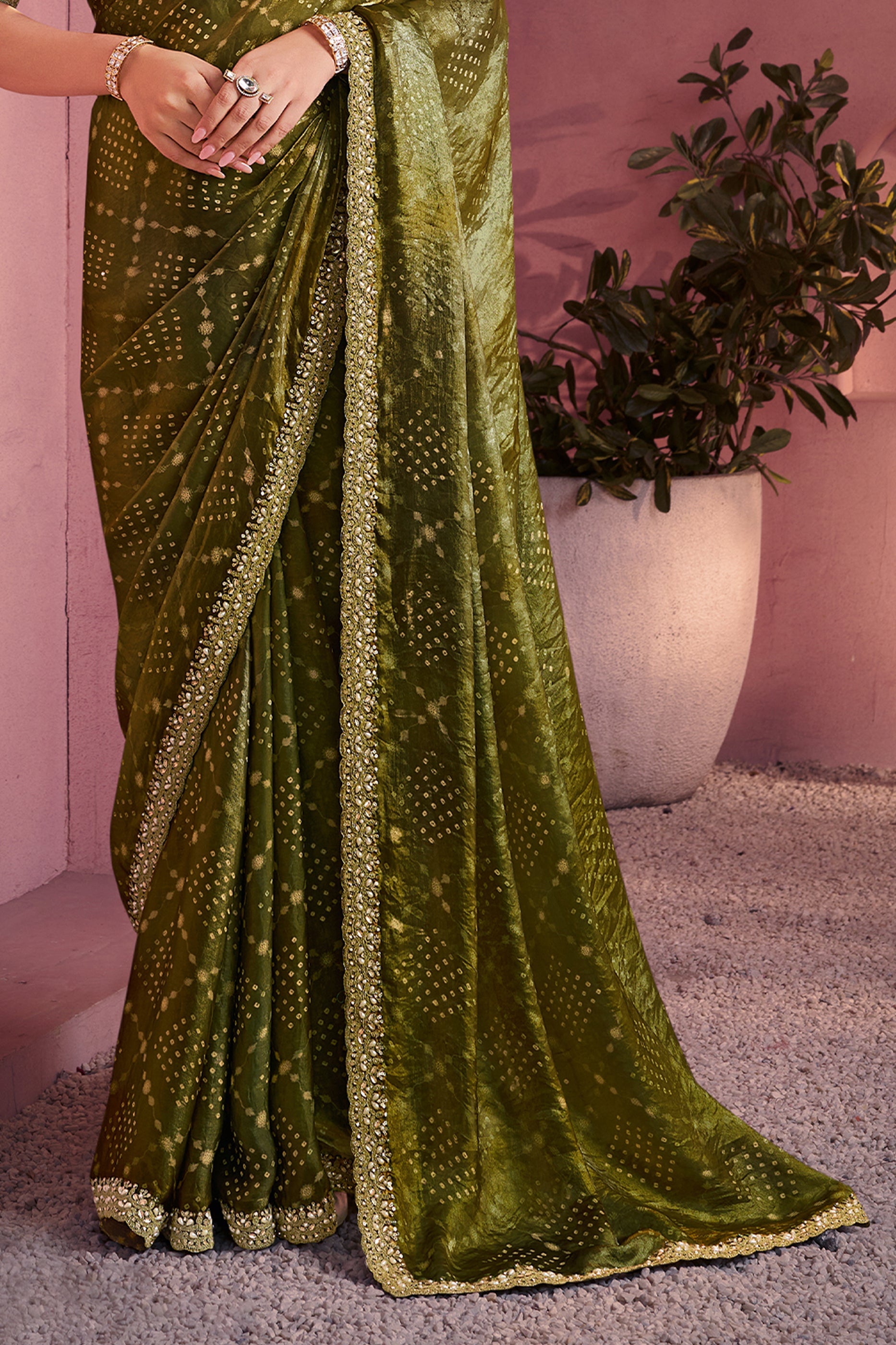 Mehendi Green Satin Silk Bandhani Saree-SAR10888_4_SareeButa.com