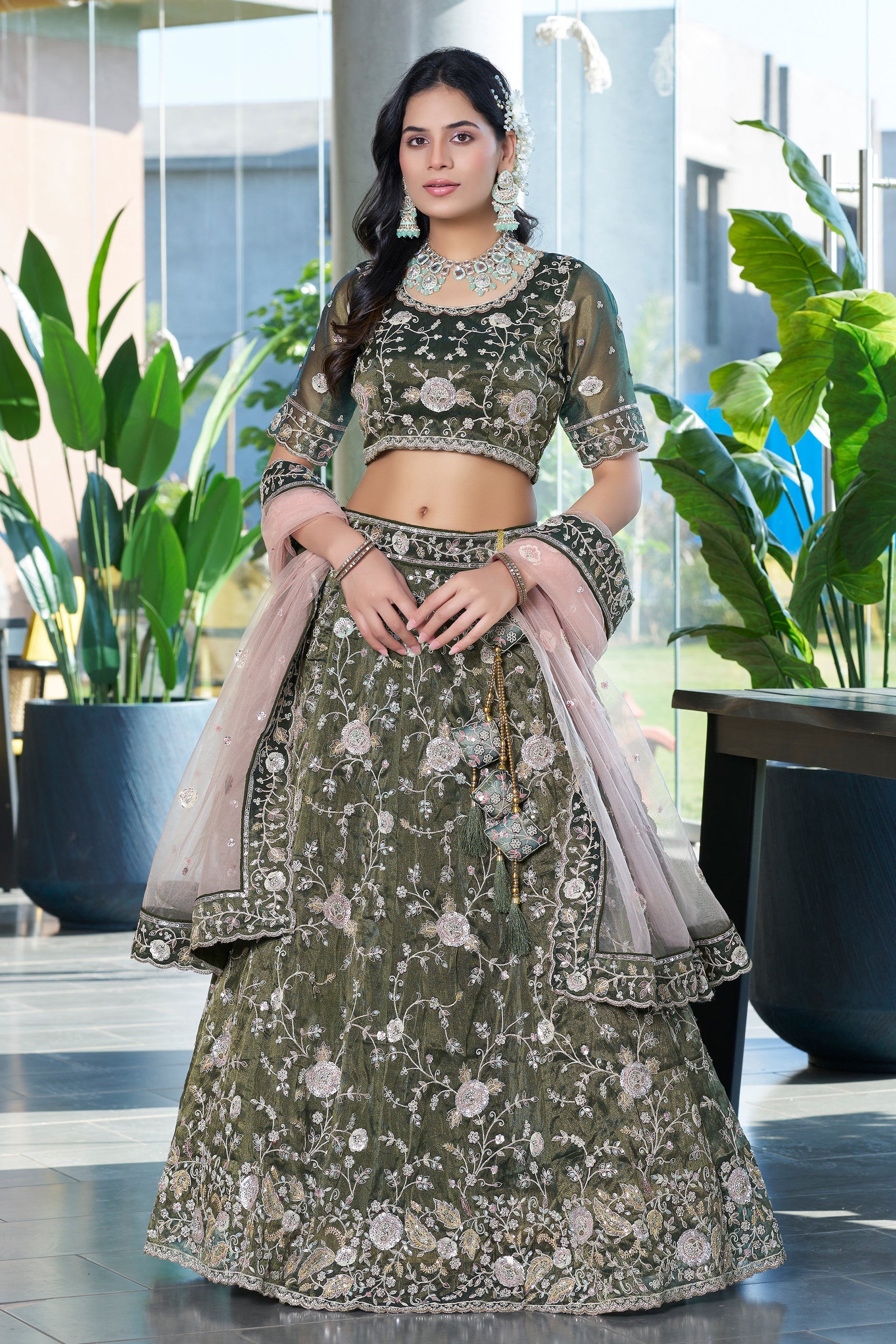 Mehendi Green Semi-Stitched Embroidered Silk Lehenga-SAR10718_1_SareeButa.com