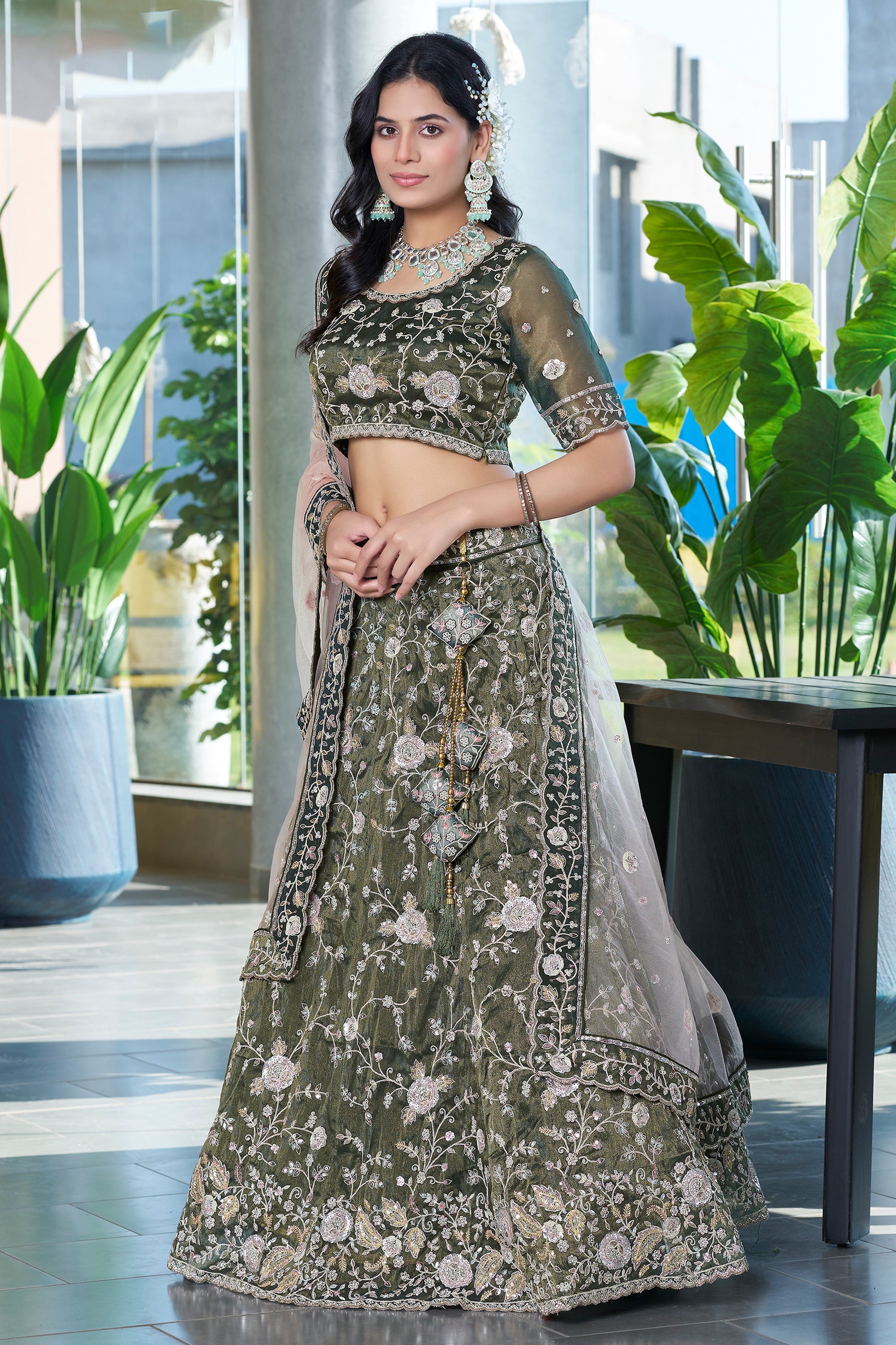 Mehendi Green Semi-Stitched Embroidered Silk Lehenga-SAR10718_2_SareeButa.com