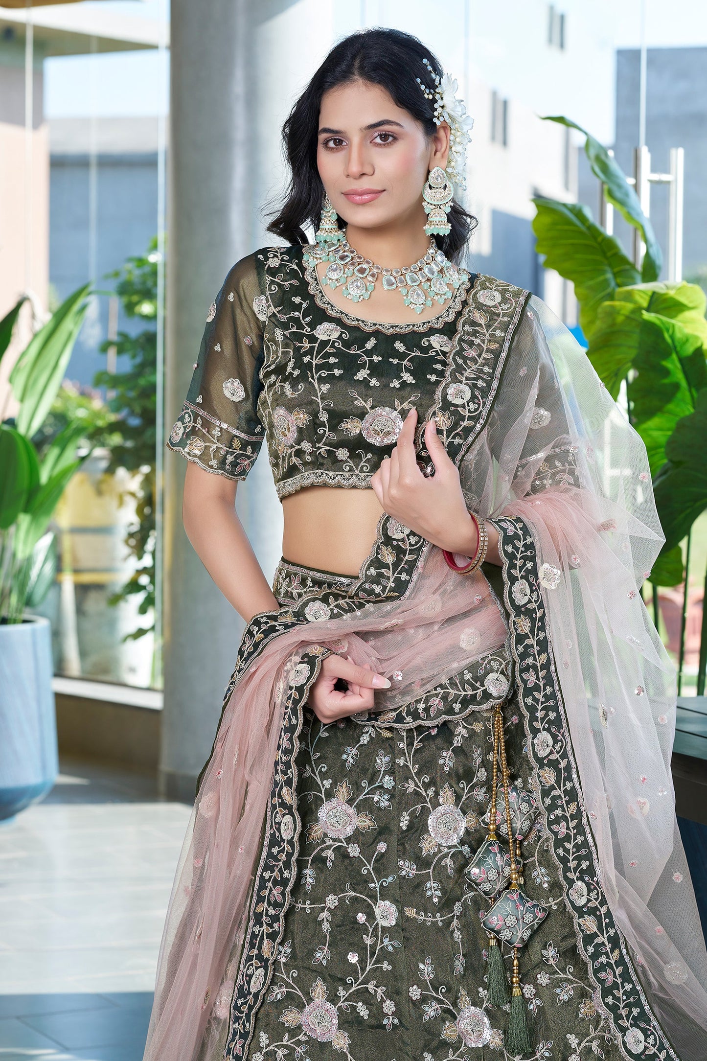 Mehendi Green Semi-Stitched Embroidered Silk Lehenga-SAR10718_3_SareeButa.com
