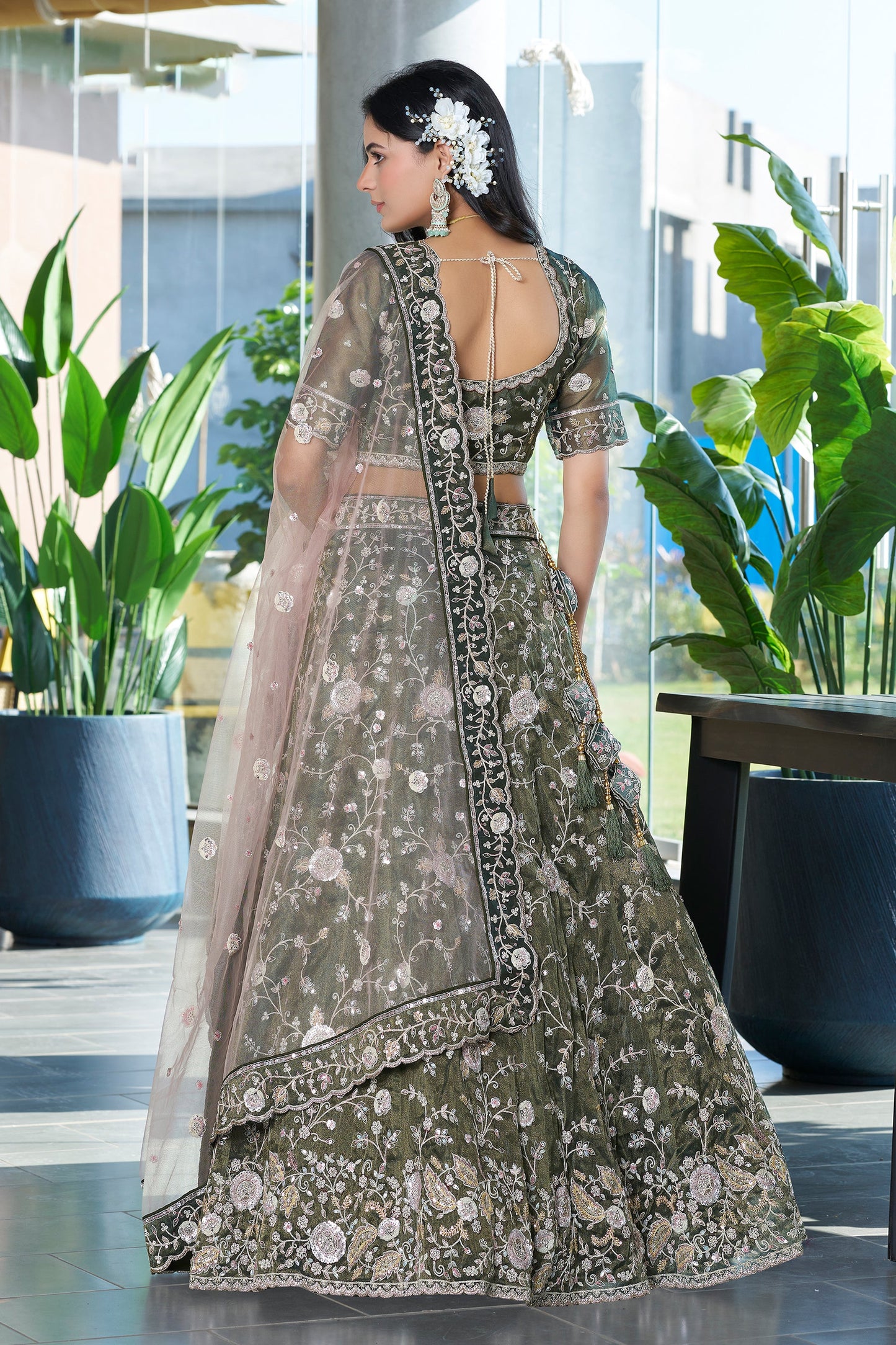 Mehendi Green Semi-Stitched Embroidered Silk Lehenga-SAR10718_4_SareeButa.com