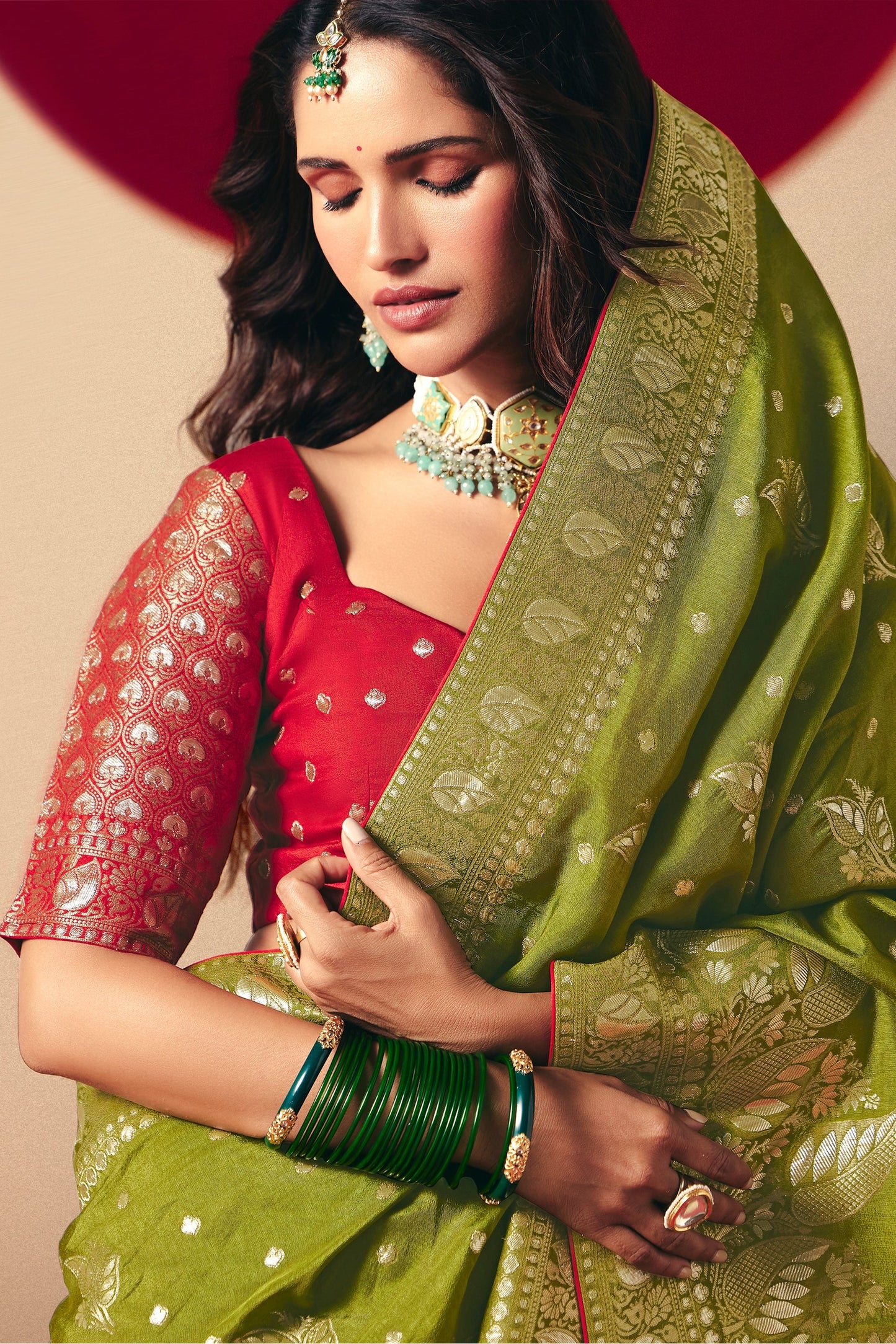 Mehendi Green Woven Viscose Silk Saree With Brocade Blouse-SAR10251_3_SareeButa.com