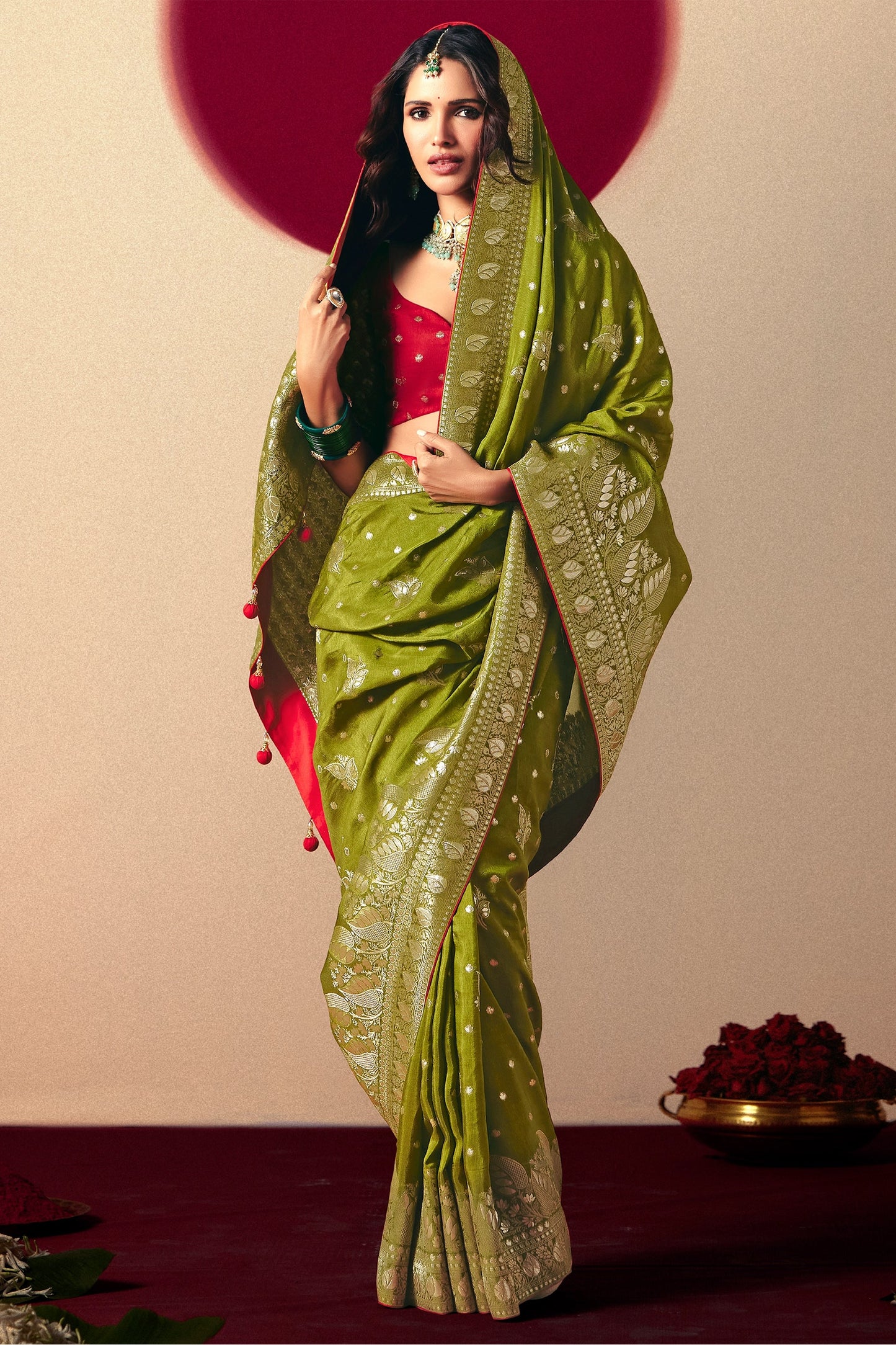 Mehendi Green Woven Viscose Silk Saree With Brocade Blouse-SAR10251_4_SareeButa.com