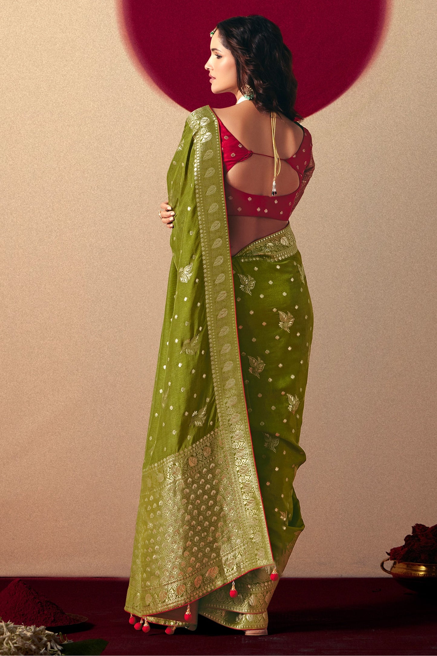 Mehendi Green Woven Viscose Silk Saree With Brocade Blouse-SAR10251_5_SareeButa.com
