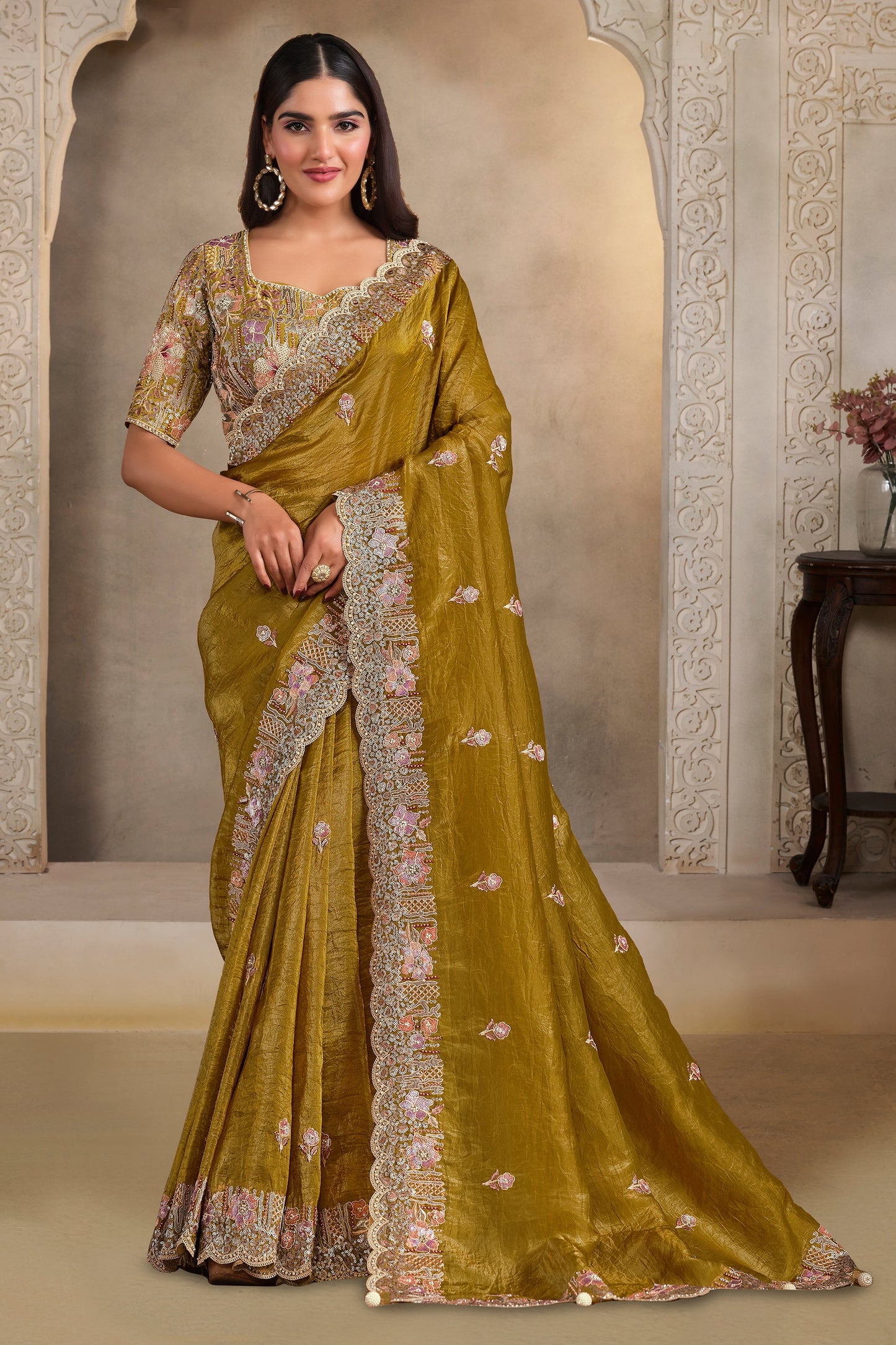 Mehendi Green Embroidered Crush Paper Silk Saree-SAR10883_1_SareeButa.com