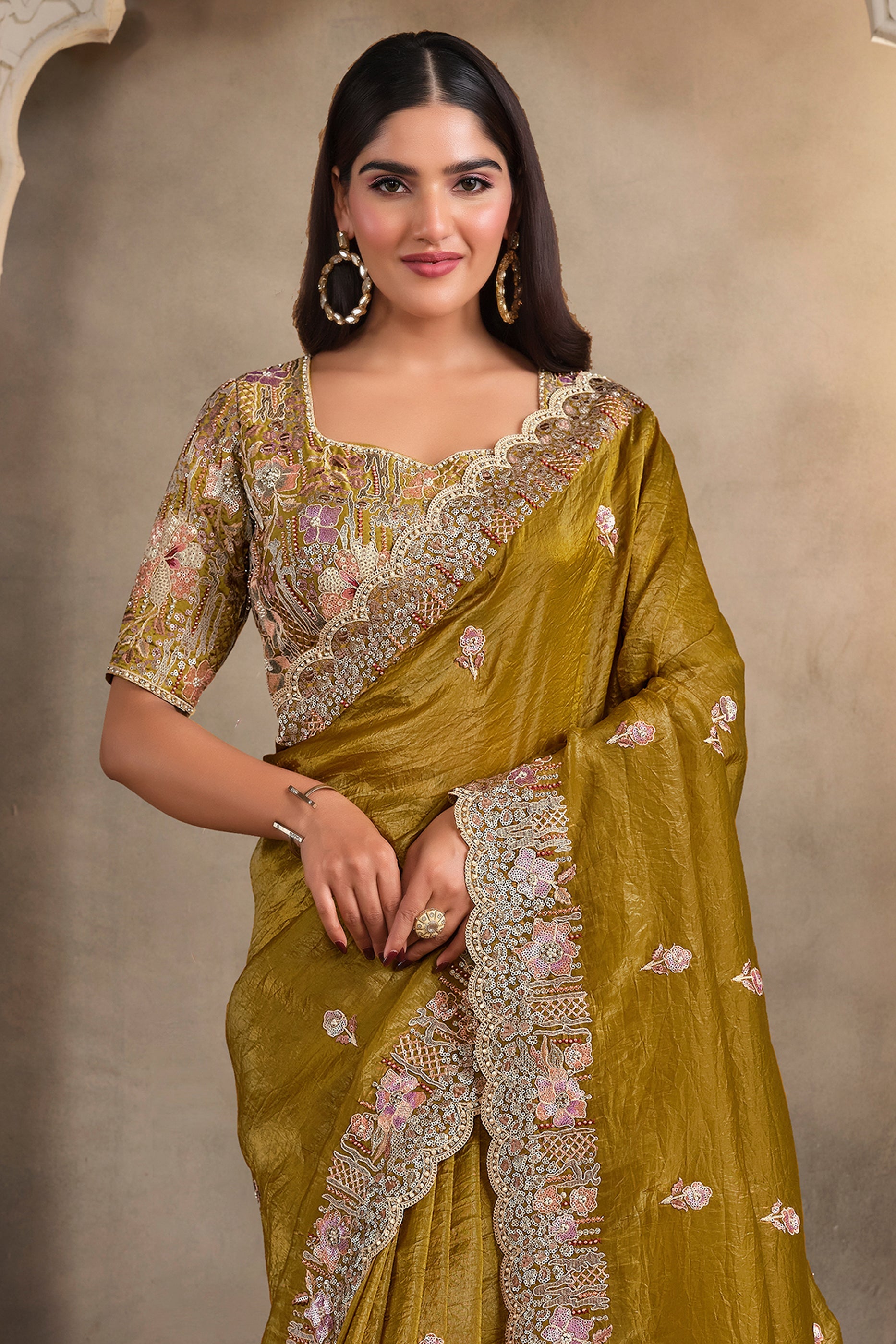 Mehendi Green Embroidered Crush Paper Silk Saree-SAR10883_2_SareeButa.com