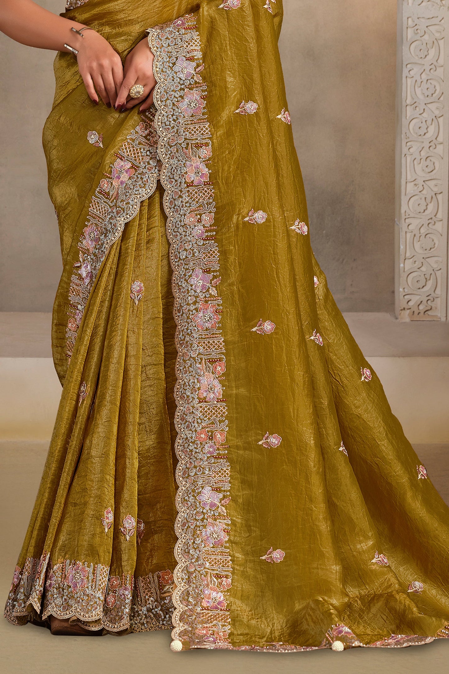 Mehendi Green Embroidered Crush Paper Silk Saree-SAR10883_3_SareeButa.com