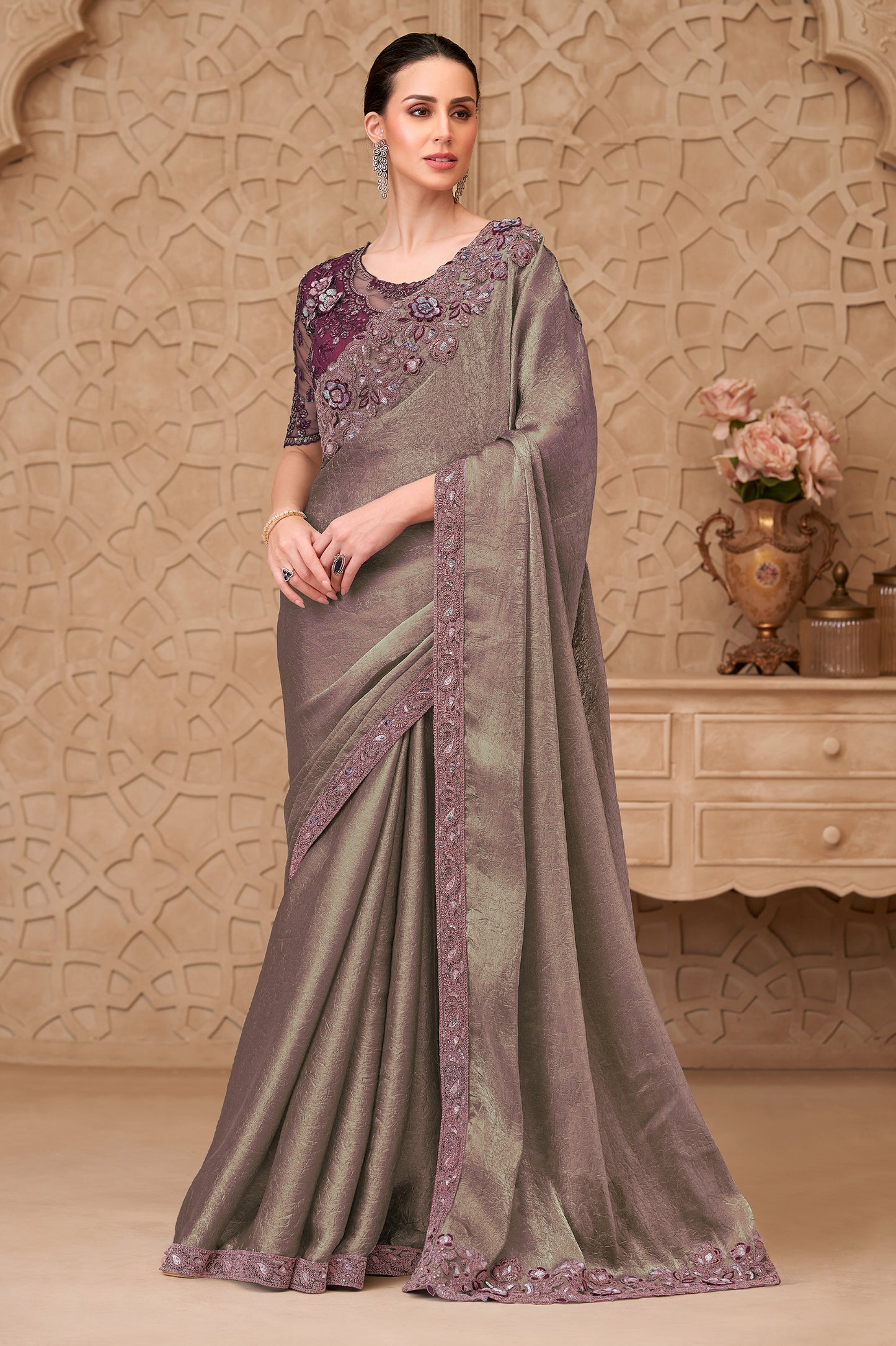 Metallic Taupe Embroidered Crush Satin Georgette Saree-SAR12459_1_SareeButa.com