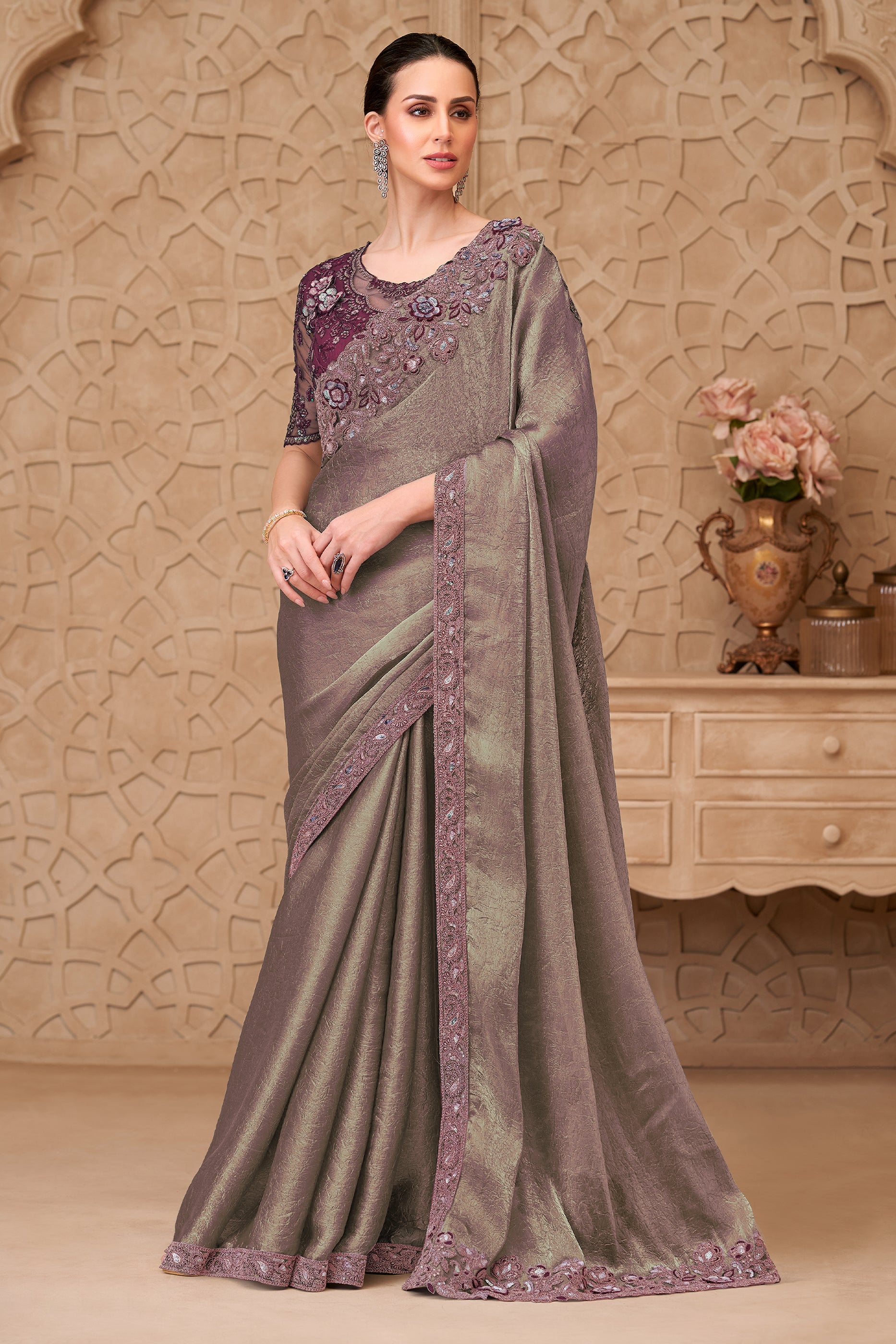 Metallic Taupe Embroidered Crush Satin Georgette Saree-SAR12459_1_SareeButa.com