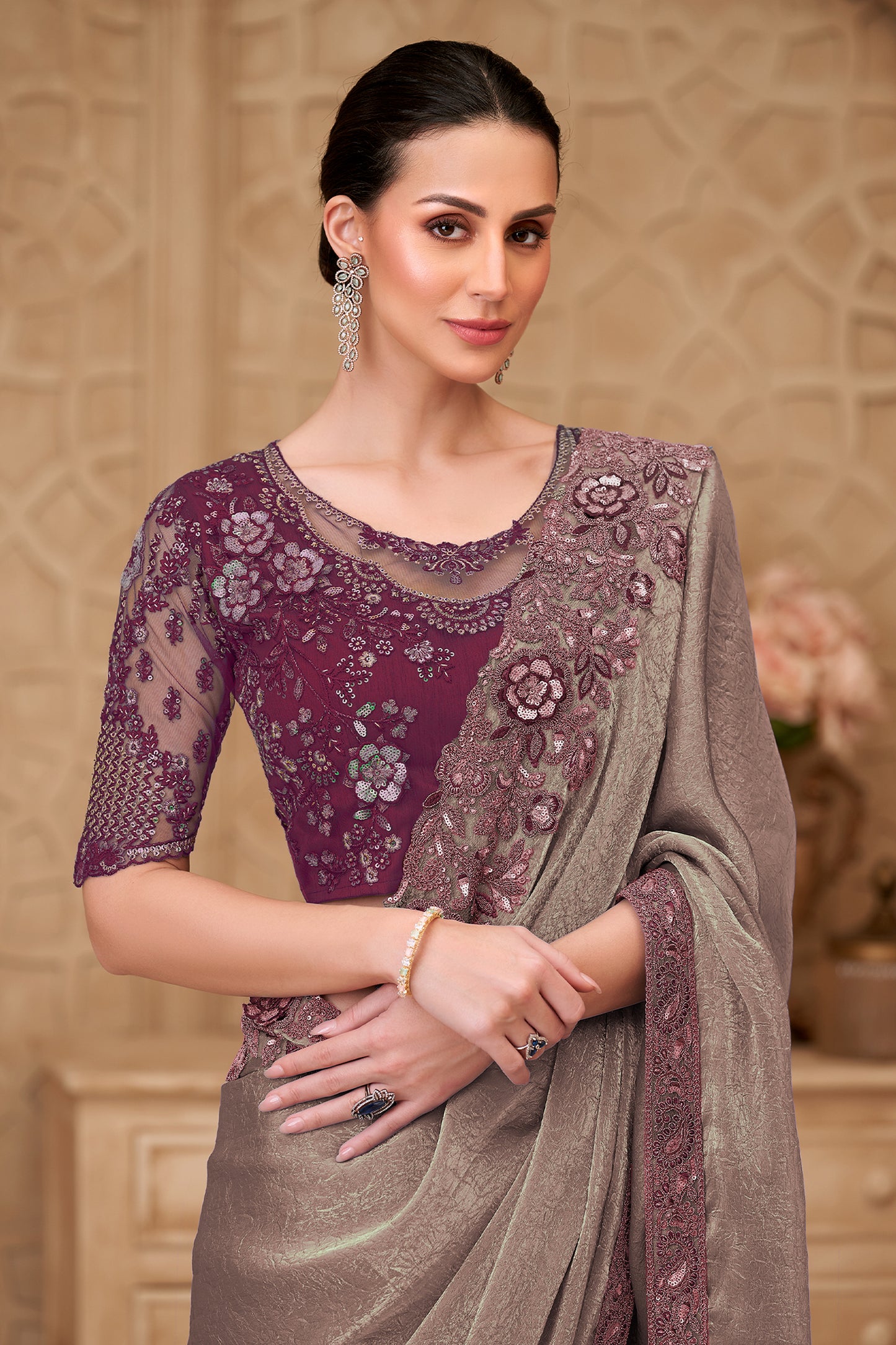 Metallic Taupe Embroidered Crush Satin Georgette Saree-SAR12459_2_SareeButa.com