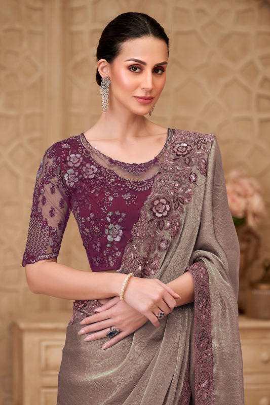 Metallic Taupe Embroidered Crush Satin Georgette Saree-SAR12459_2_SareeButa.com