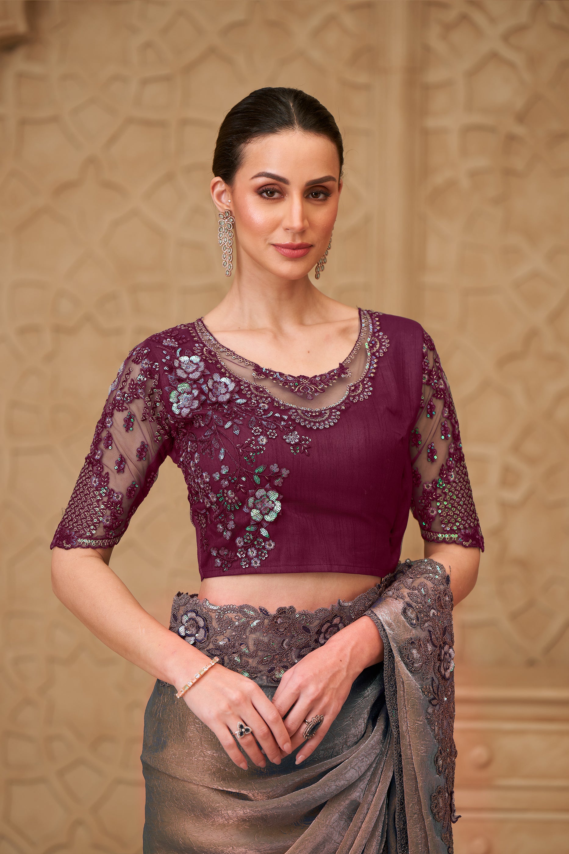 Metallic Taupe Embroidered Crush Satin Georgette Saree-SAR12459_3_SareeButa.com