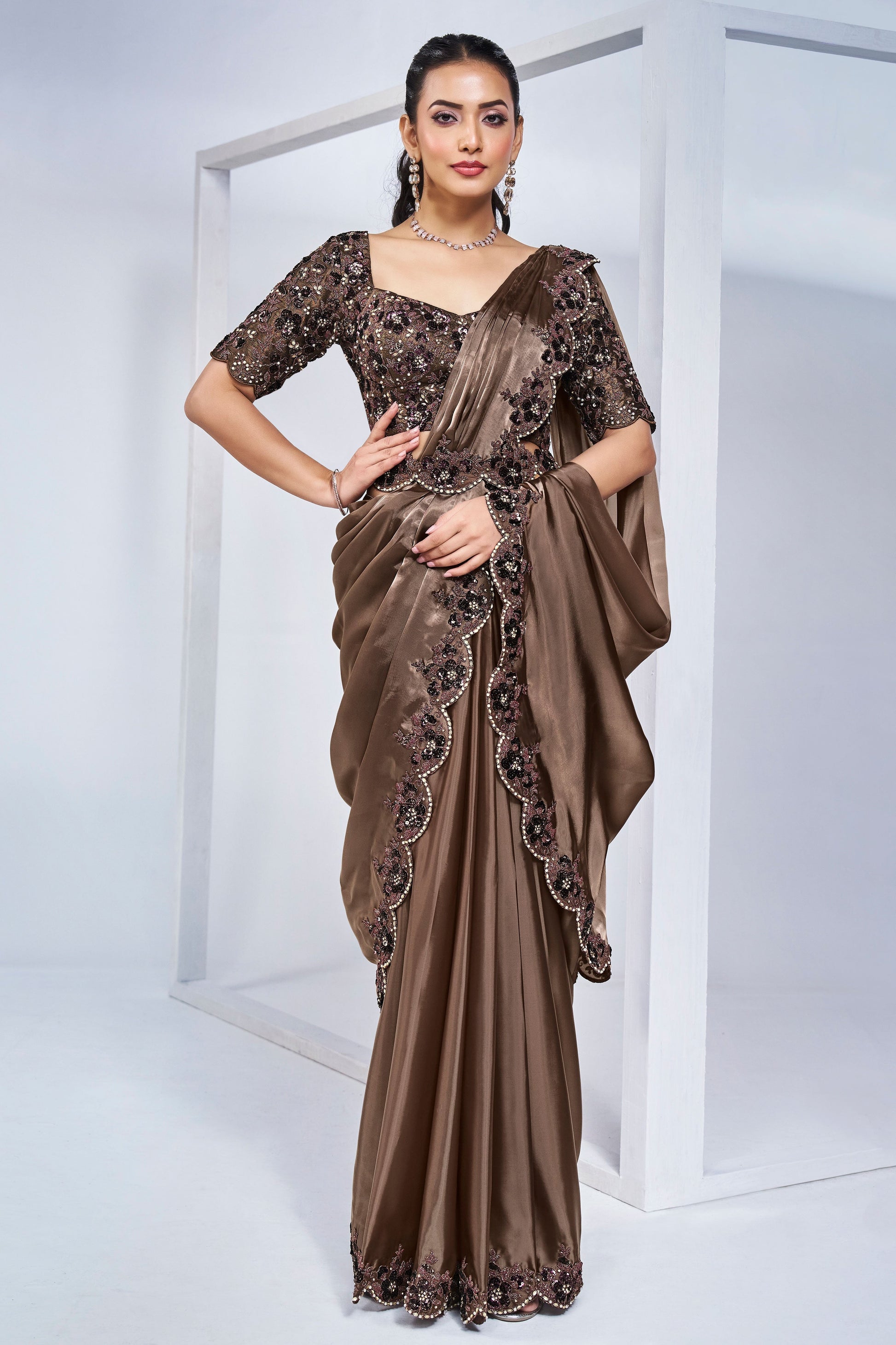 Brown Satin Silk Readymade Saree-ZB133213_1_SareeButa.com