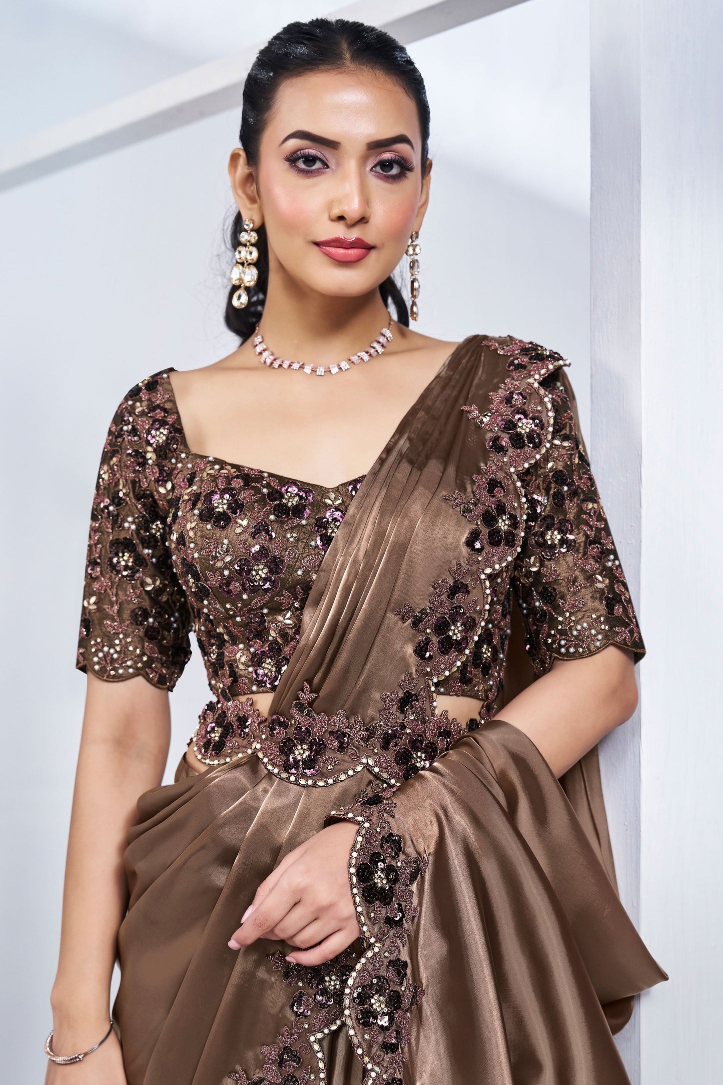 Brown Satin Silk Readymade Saree-ZB133213_3_SareeButa.com