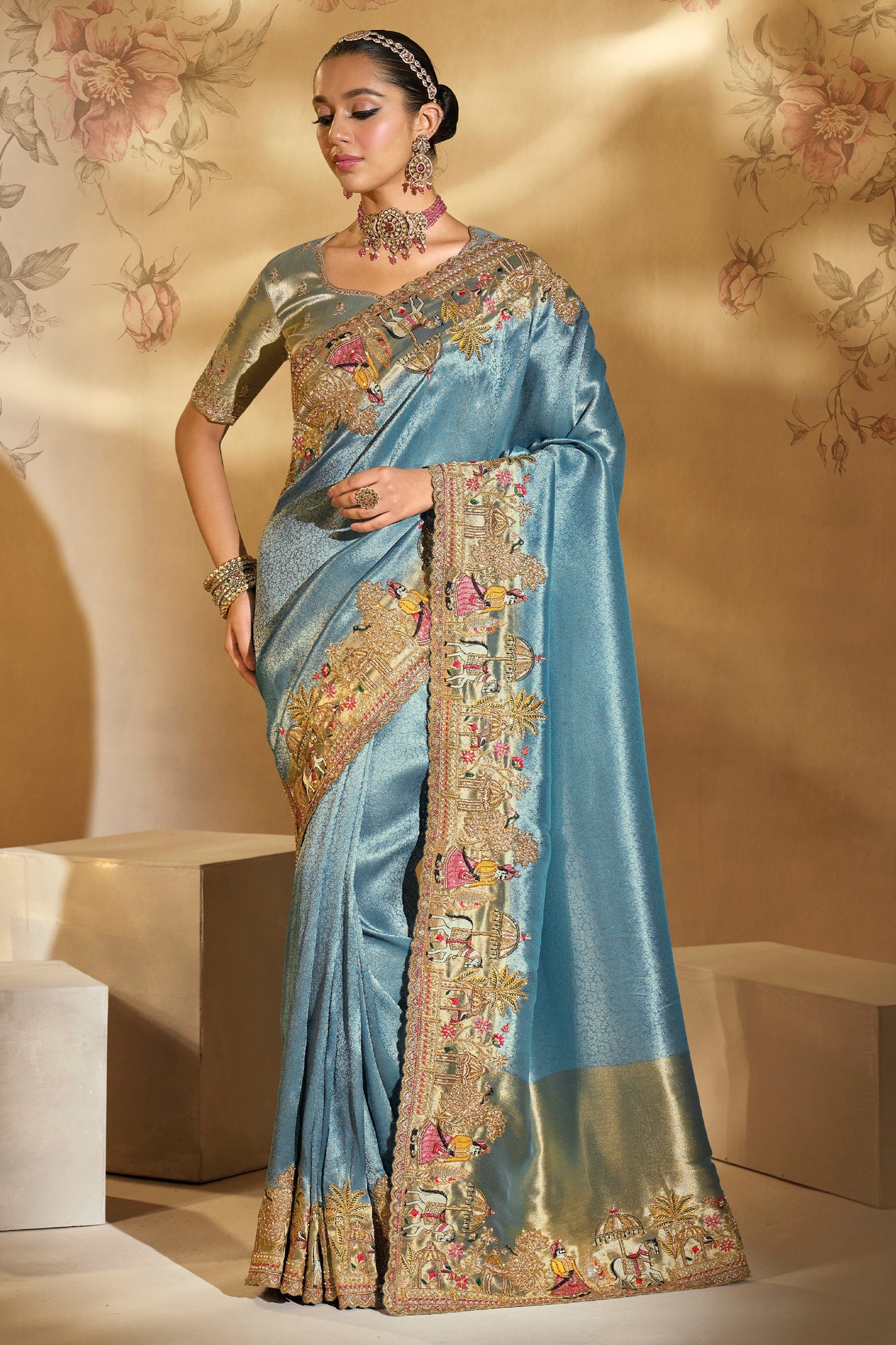 Metallic Blue Embroidered Woven Silk Saree-SAR10615_1_SareeButa.com