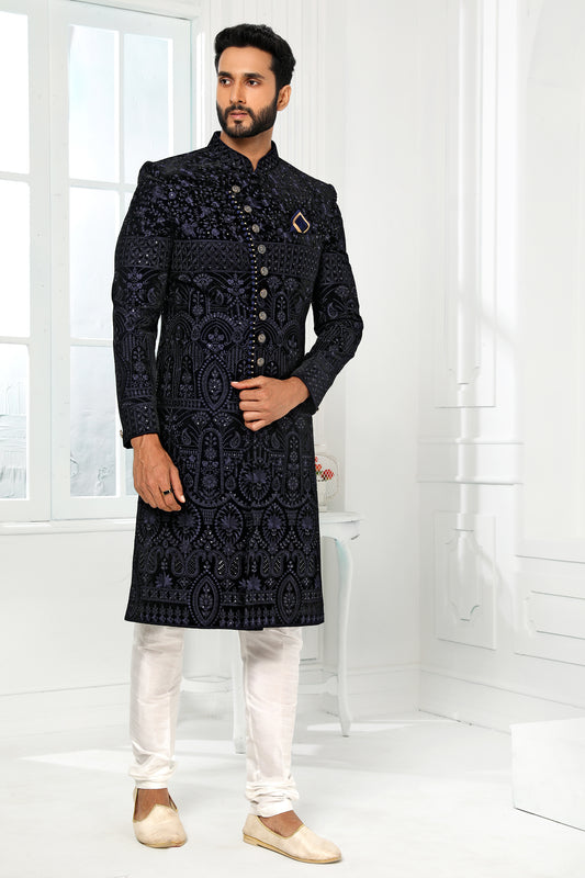 Midnight Blue Jacquard Silk Kurta Pajama-SAR11448_1_SareeButa.com
