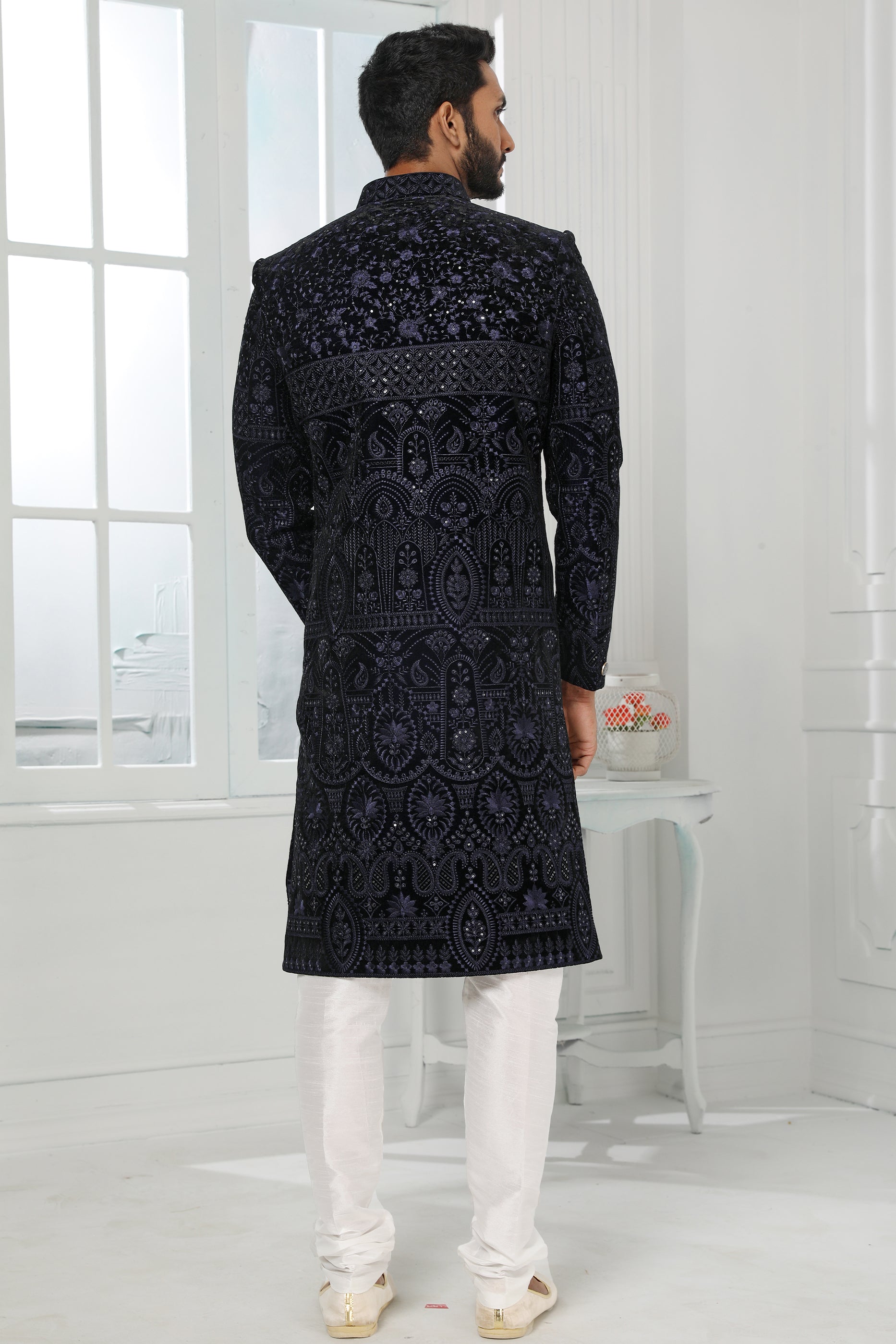 Midnight Blue Jacquard Silk Kurta Pajama-SAR11448_2_SareeButa.com