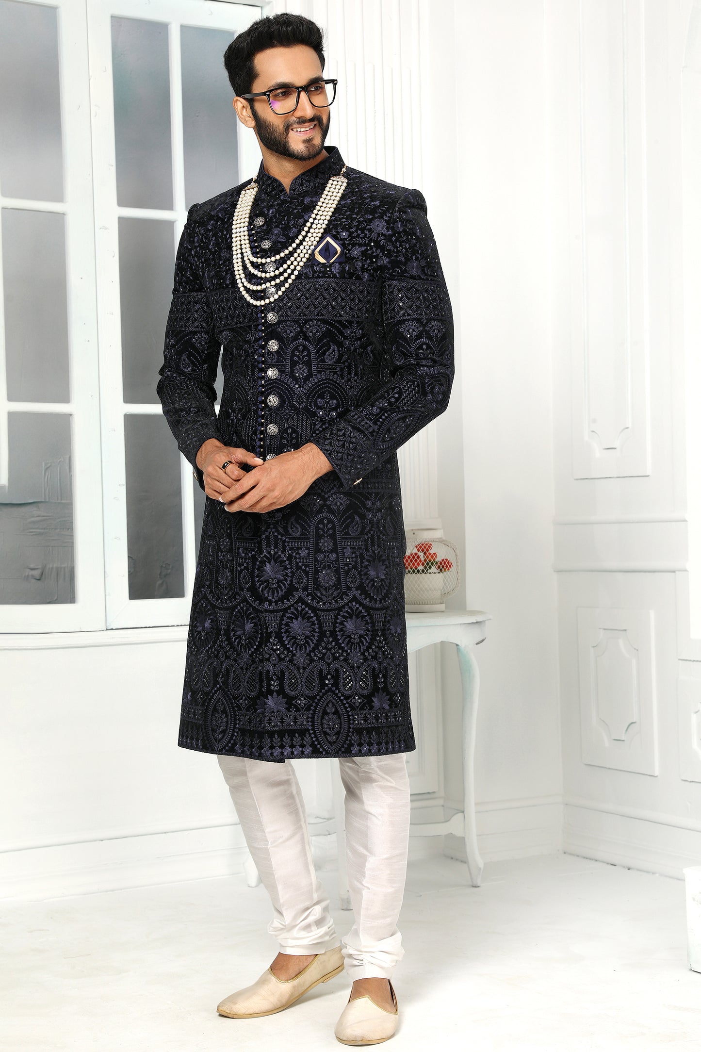 Midnight Blue Jacquard Silk Kurta Pajama-SAR11448_3_SareeButa.com