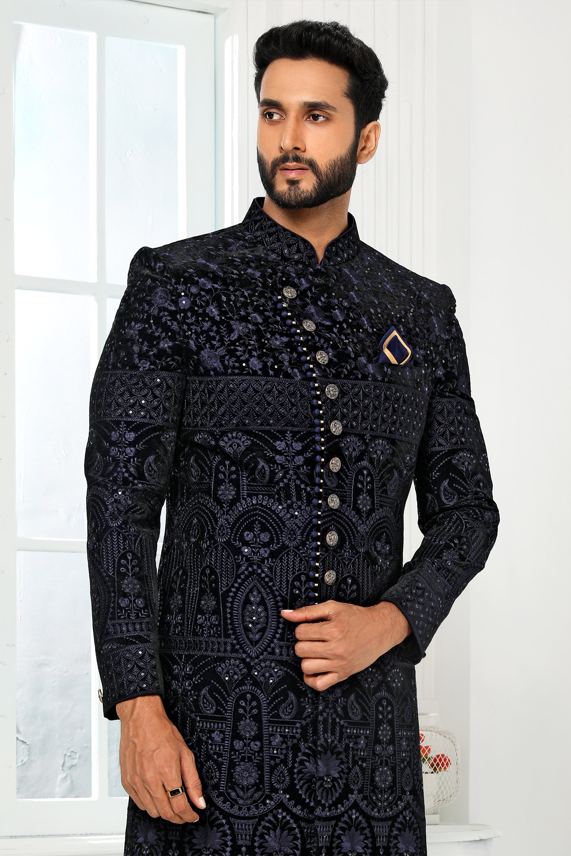 Midnight Blue Jacquard Silk Kurta Pajama-SAR11448_4_SareeButa.com