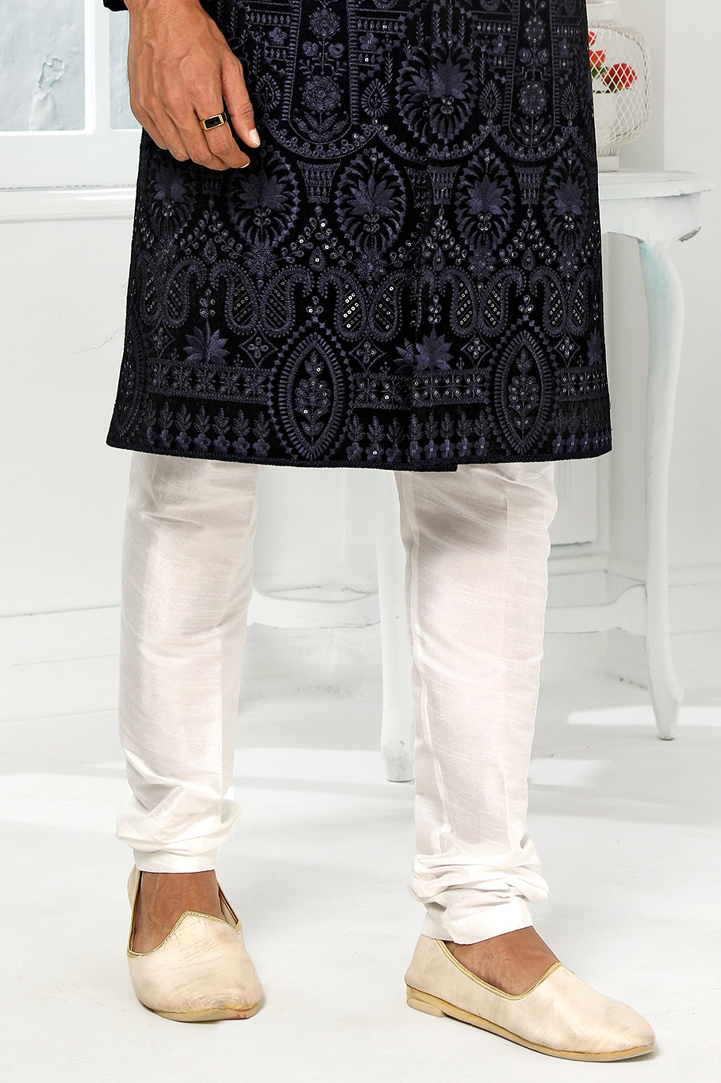 Midnight Blue Jacquard Silk Kurta Pajama-SAR11448_5_SareeButa.com