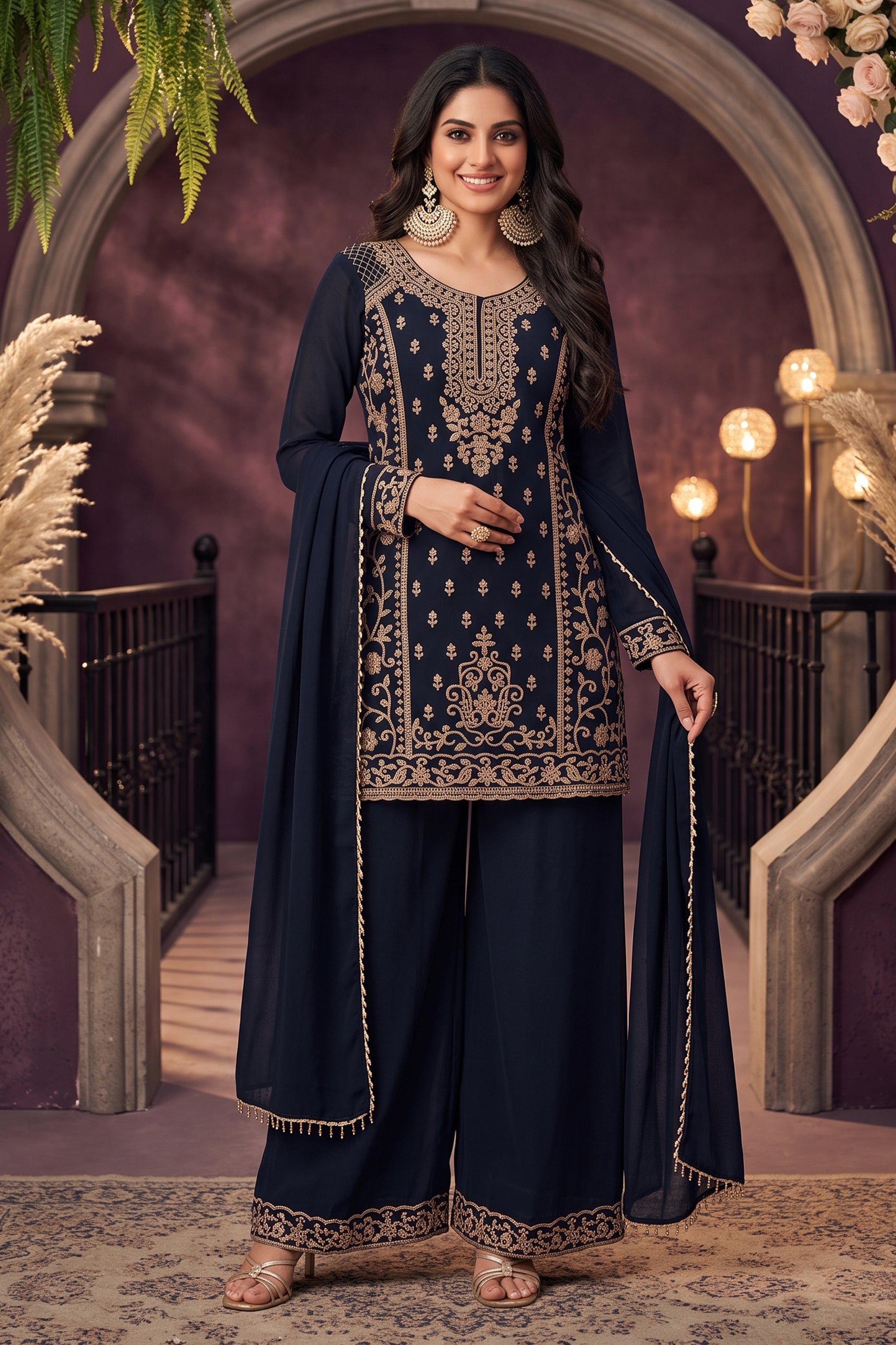 Midnight Blue Readymade Embroidered Chinon Suit-SAR12977_1_SareeButa.com