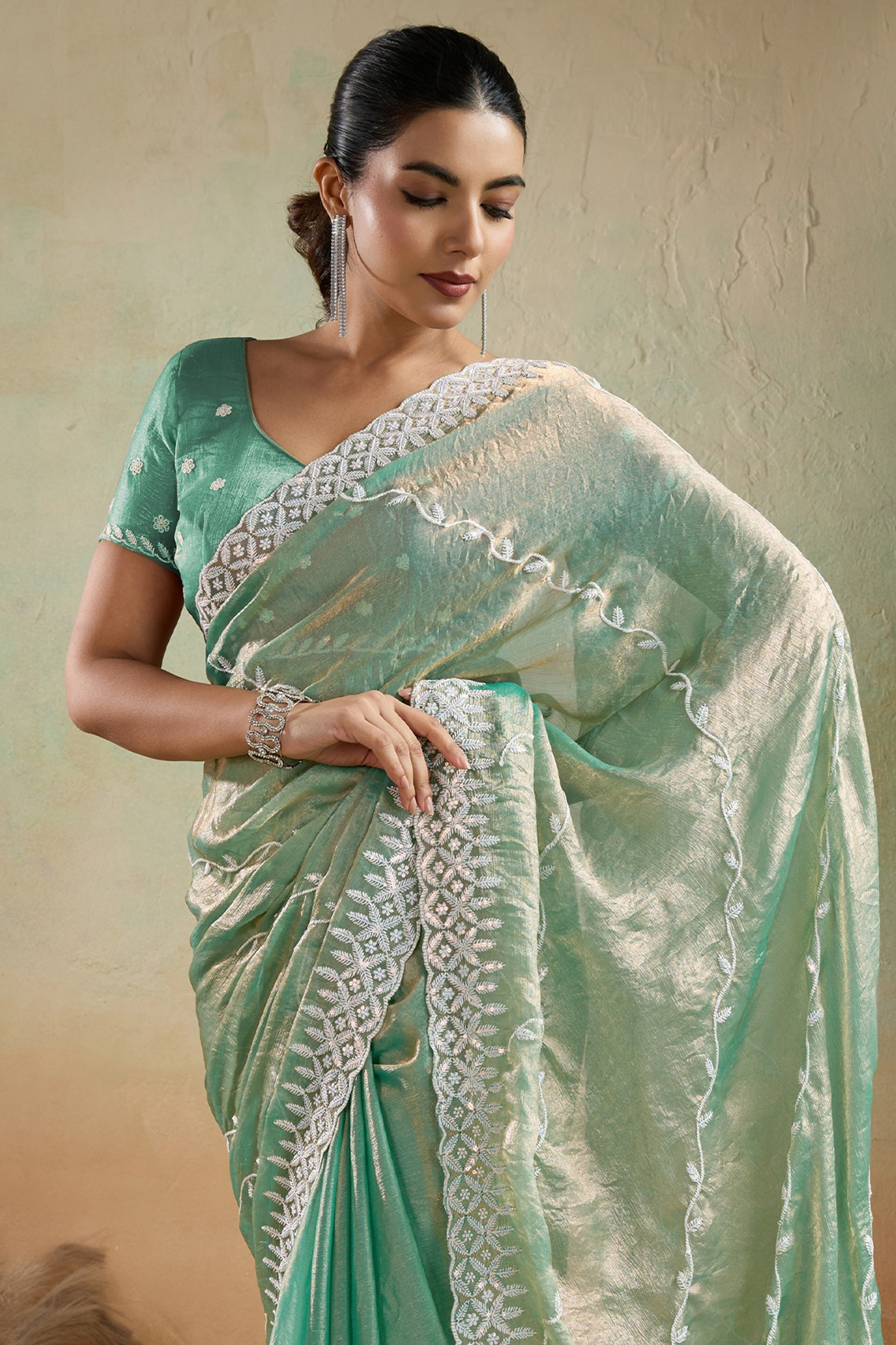 Mint Green Embroidered Chiffon Saree-SAR10422_4_SareeButa.com