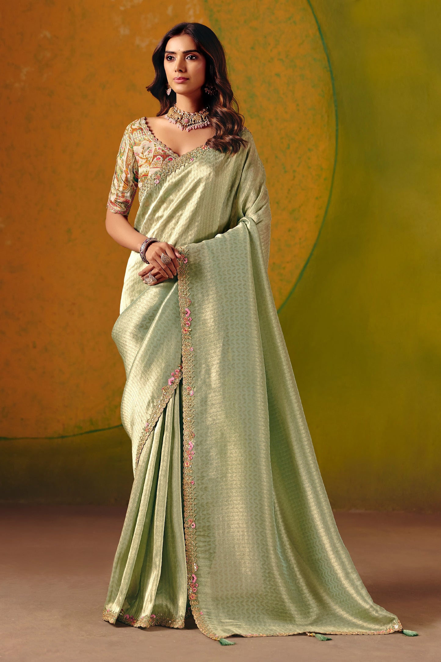 Mint Green Embroidered Jacquard Silk Saree-SAR12091_1_SareeButa.com