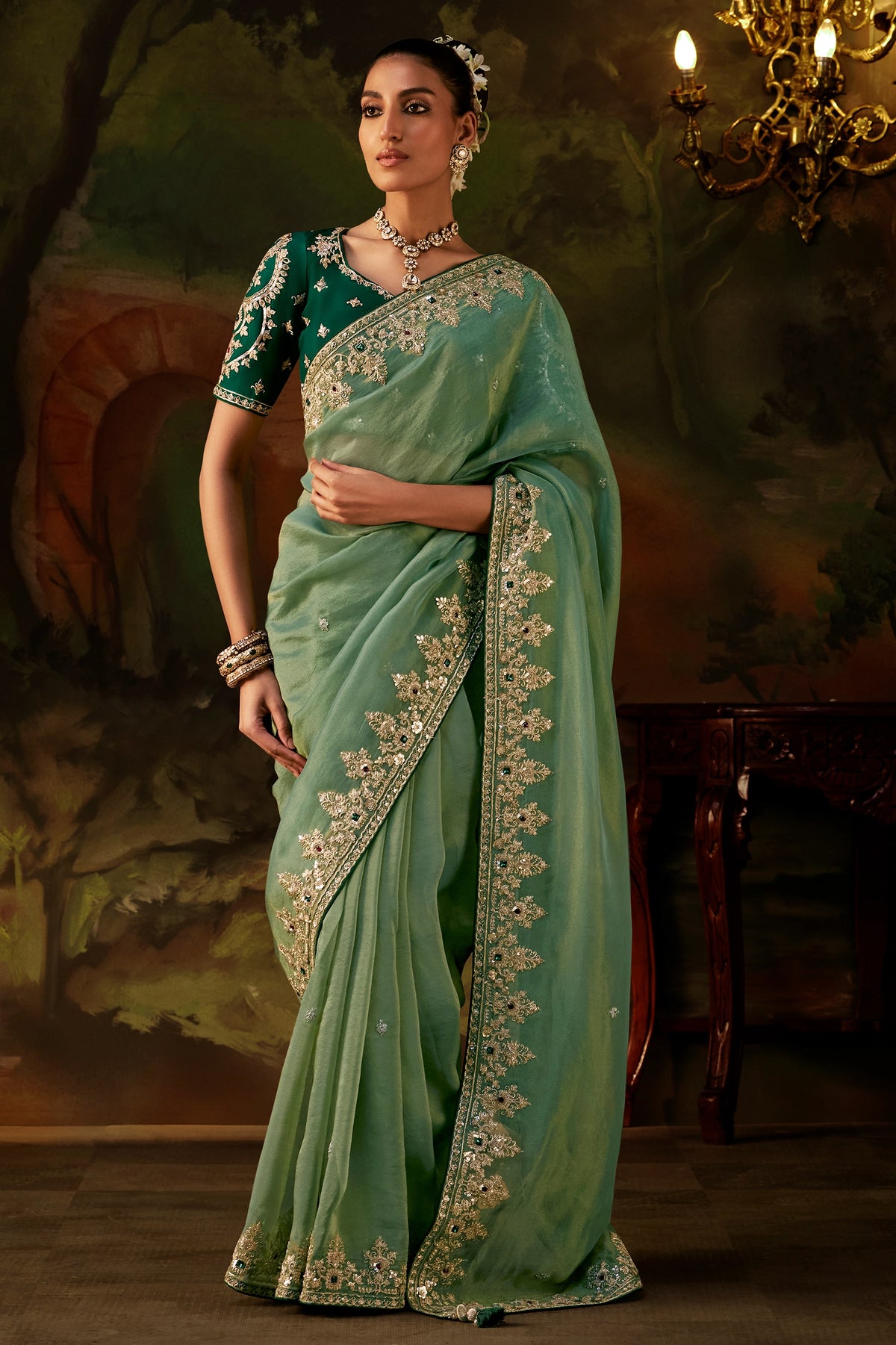 Mint Green Embroidered Viscose Tissue Saree-SAR13247_1_SareeButa.com