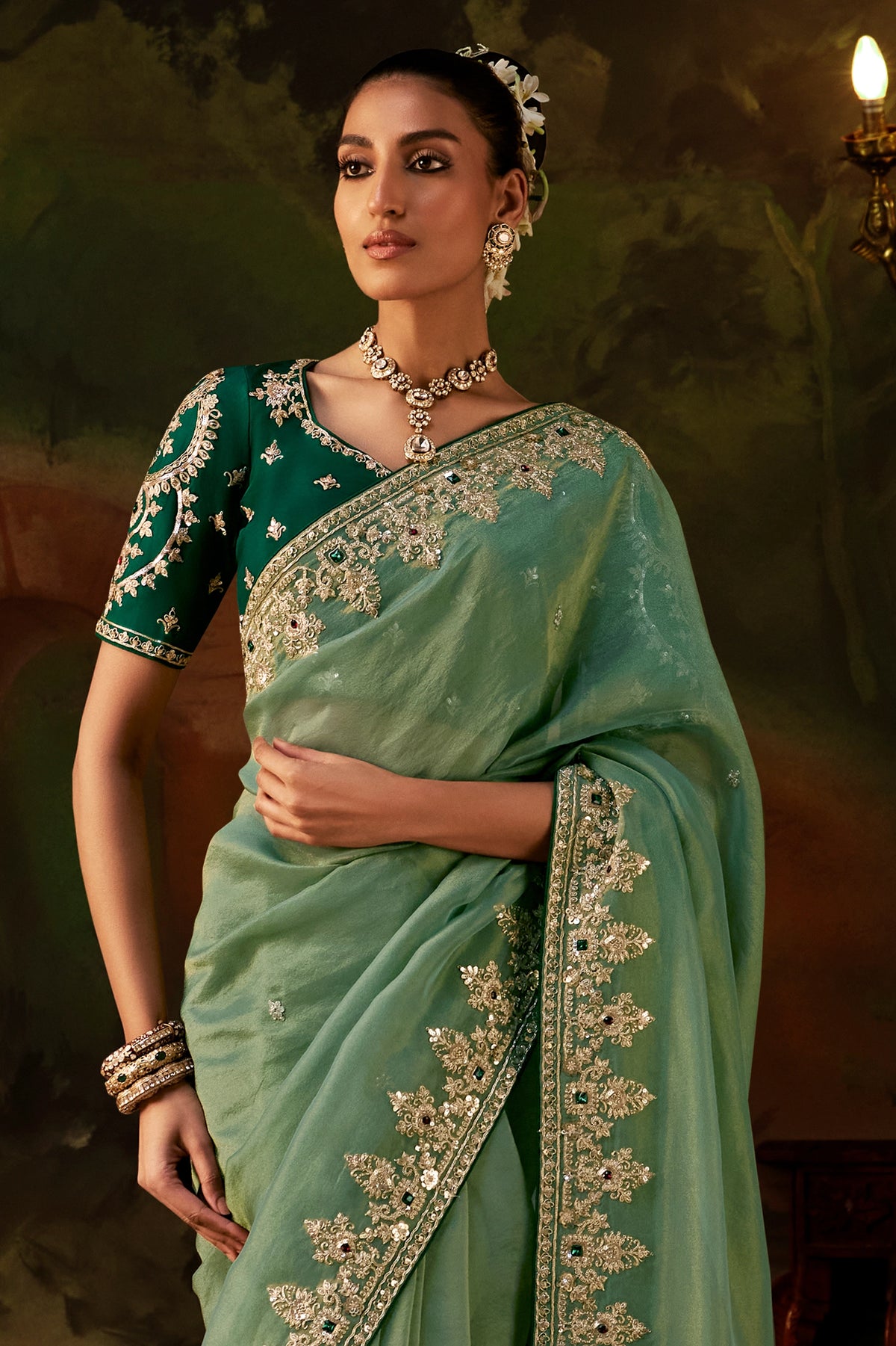 Mint Green Embroidered Viscose Tissue Saree-SAR13247_4_SareeButa.com