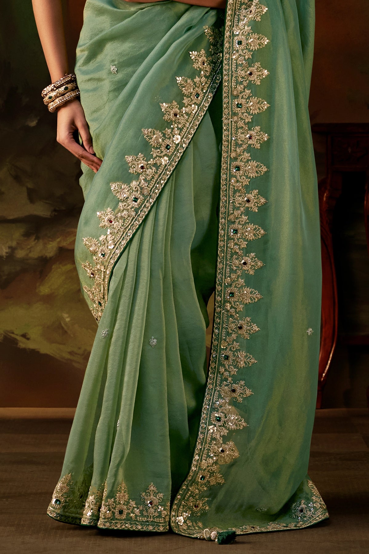 Mint Green Embroidered Viscose Tissue Saree-SAR13247_5_SareeButa.com