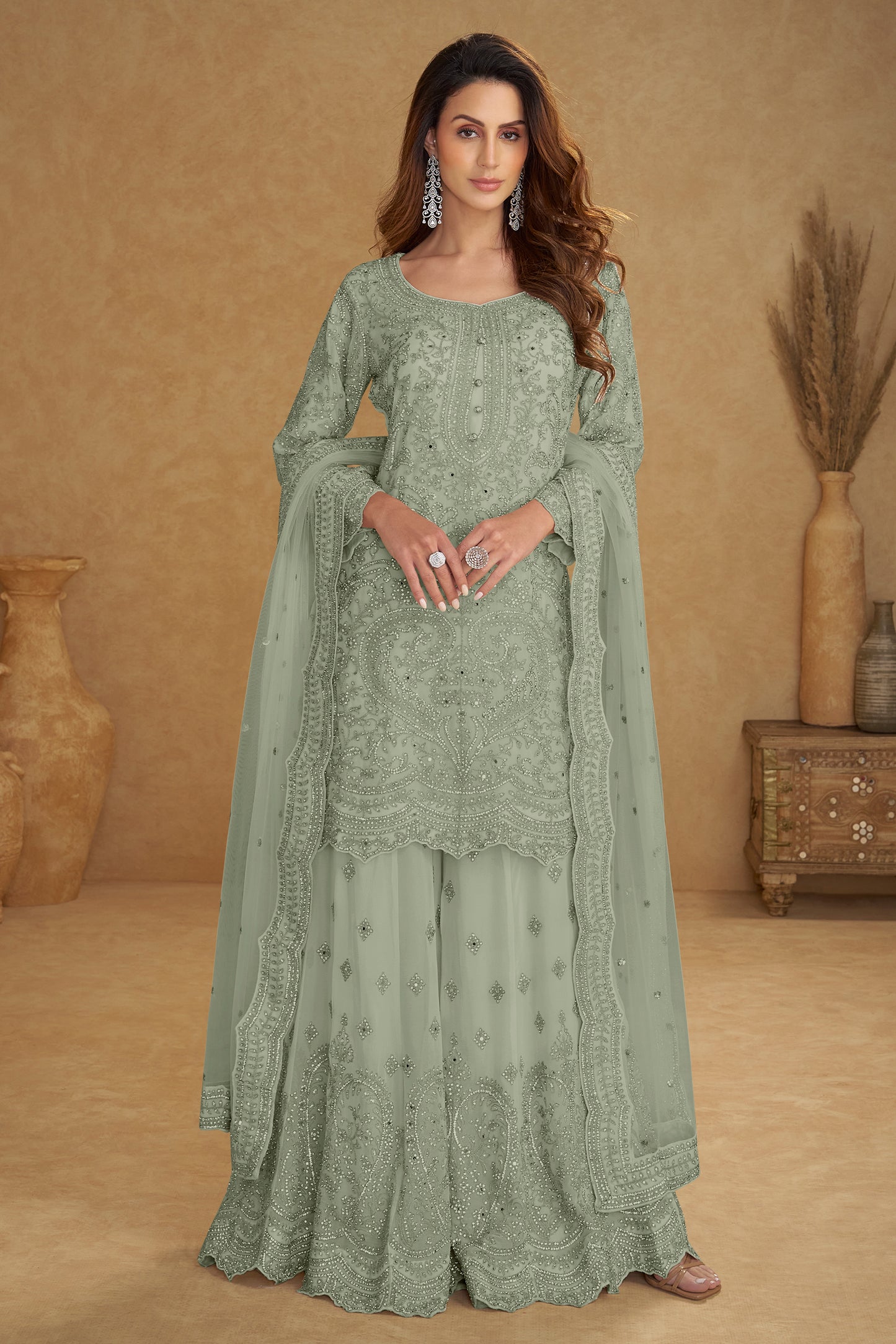Mint Green Readymade Embroidered Net Suit-SAR13209_1_SareeButa.com