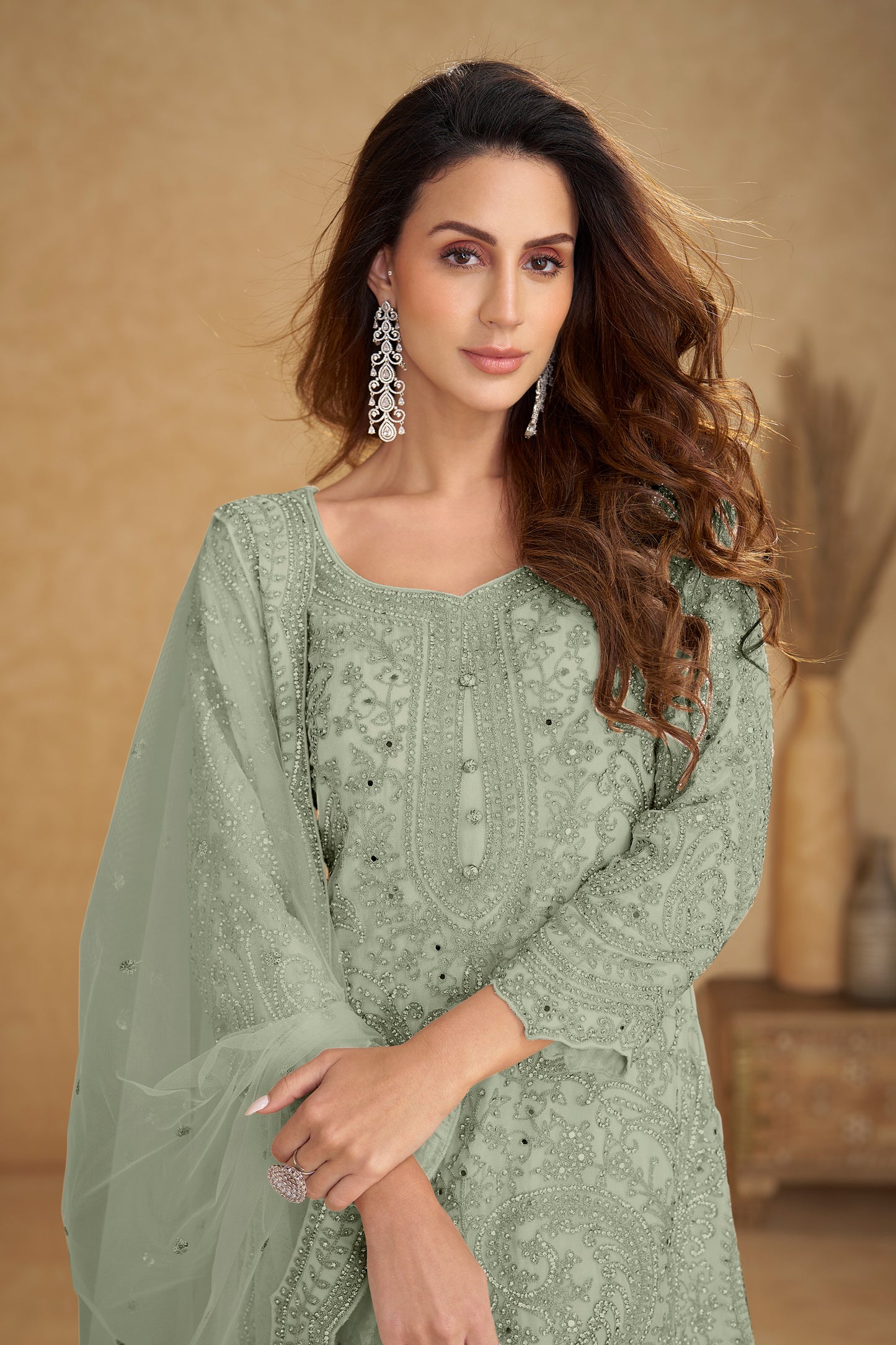 Mint Green Readymade Embroidered Net Suit-SAR13209_2_SareeButa.com