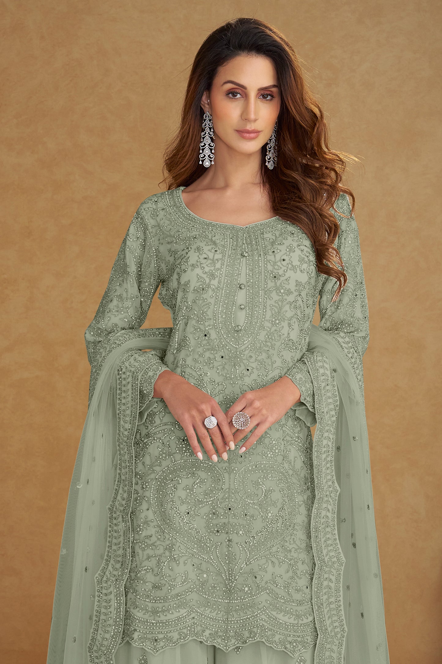 Mint Green Readymade Embroidered Net Suit-SAR13209_3_SareeButa.com