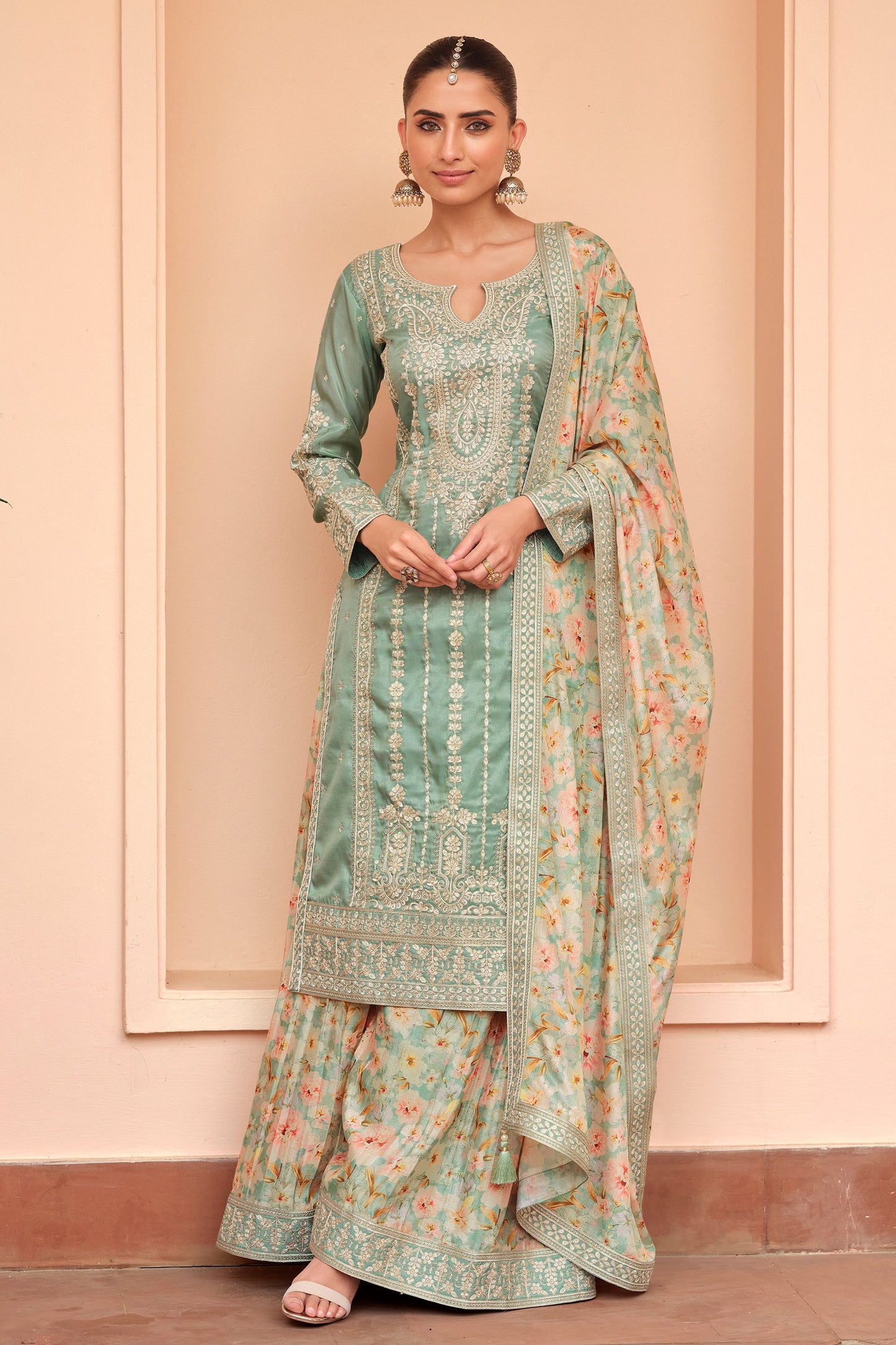 Mint Green Readymade Embroidered Simar Silk Suit-SAR10650_1_SareeButa.com