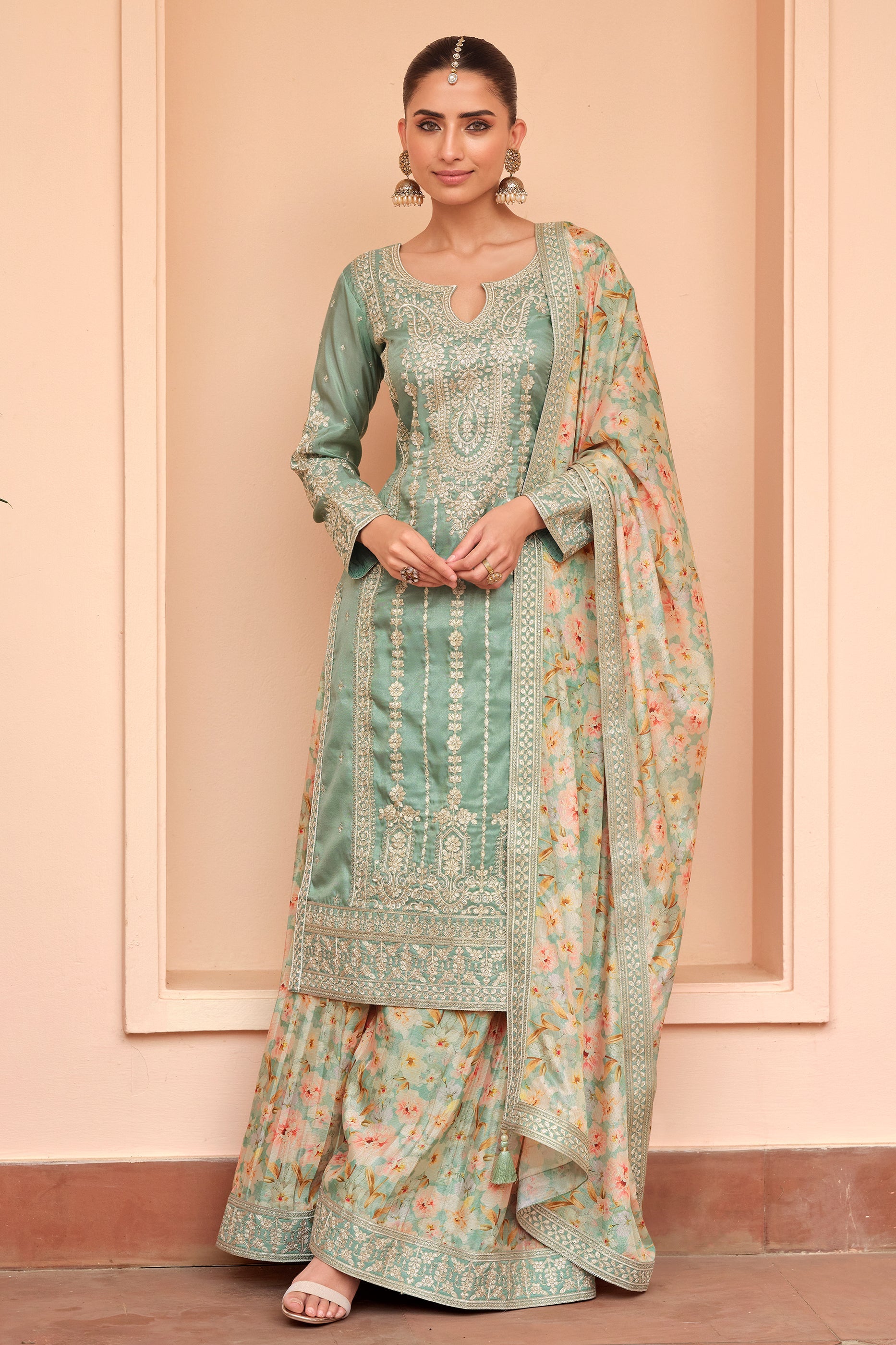 Mint Green Readymade Embroidered Simar Silk Suit-SAR10650_1_SareeButa.com