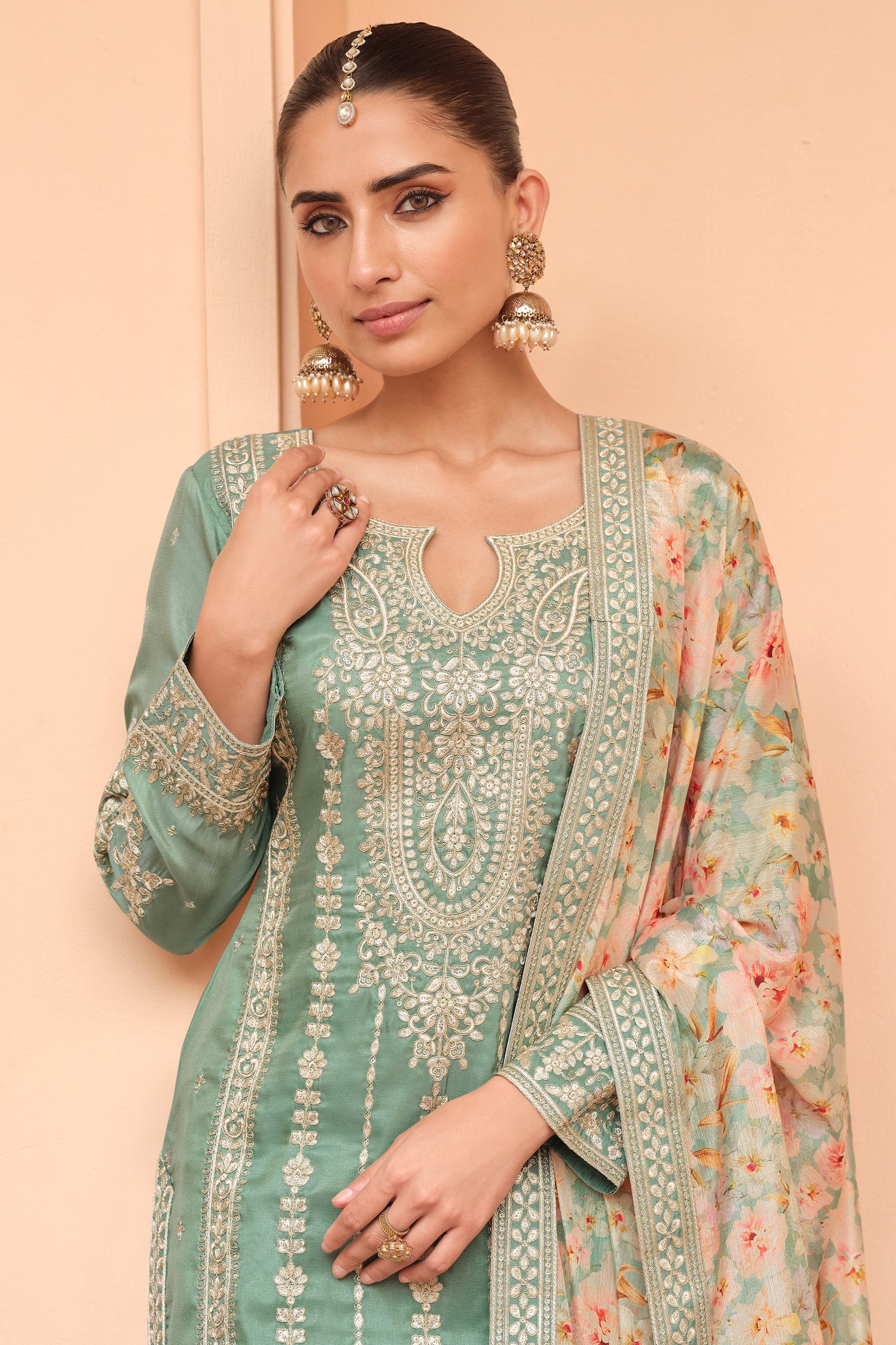 Mint Green Readymade Embroidered Simar Silk Suit-SAR10650_2_SareeButa.com