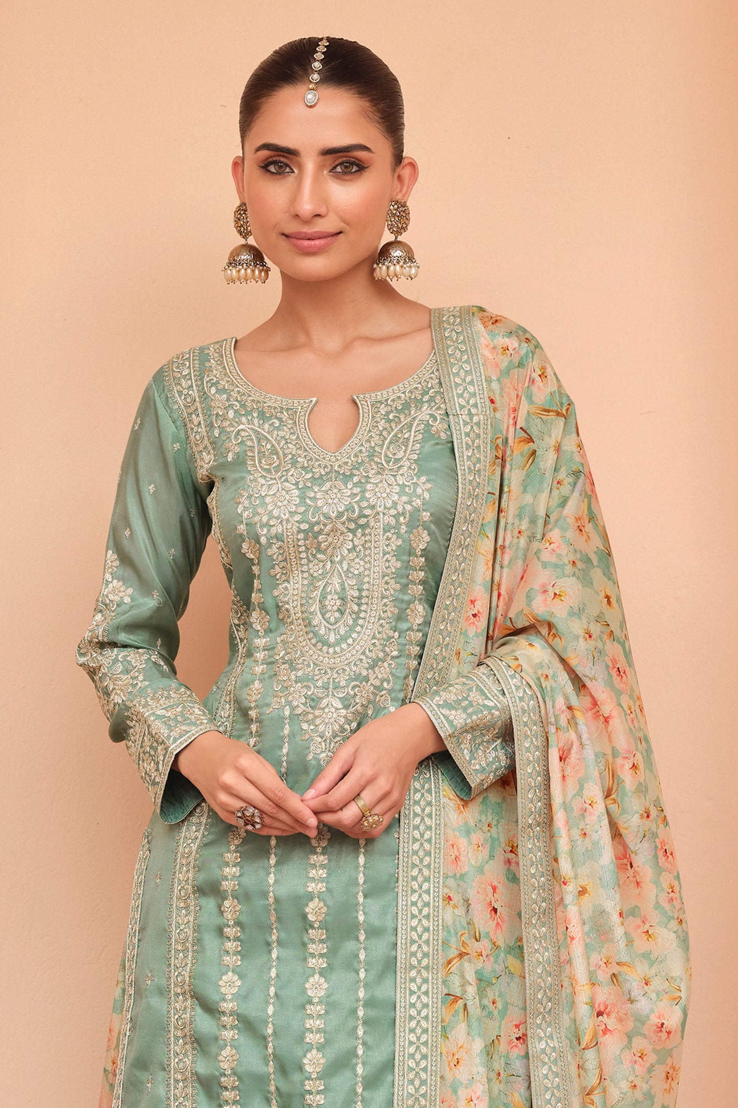Mint Green Readymade Embroidered Simar Silk Suit-SAR10650_3_SareeButa.com