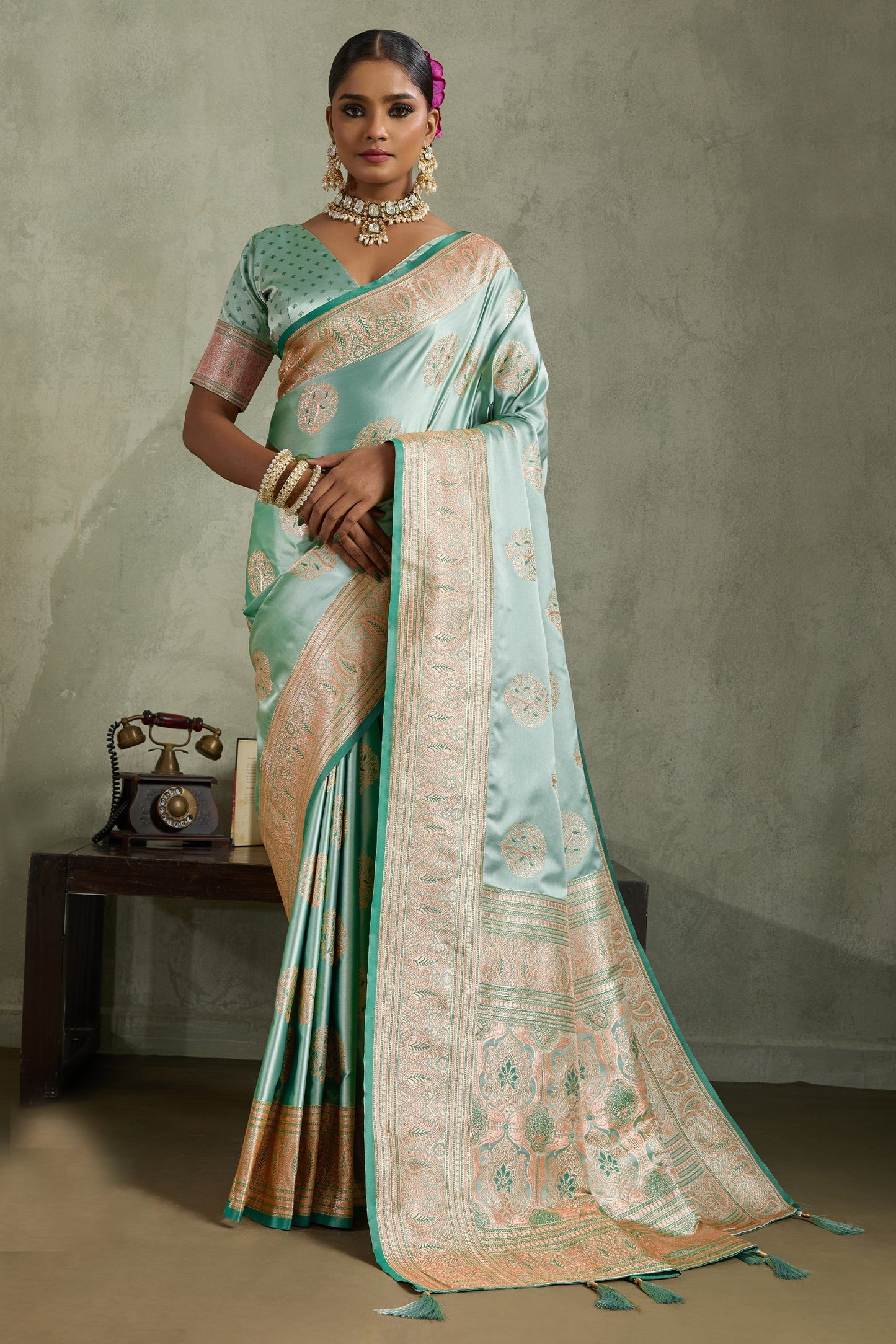 Mint Green Woven Satin Silk Banarasi Saree-SAR11807_1_SareeButa.com